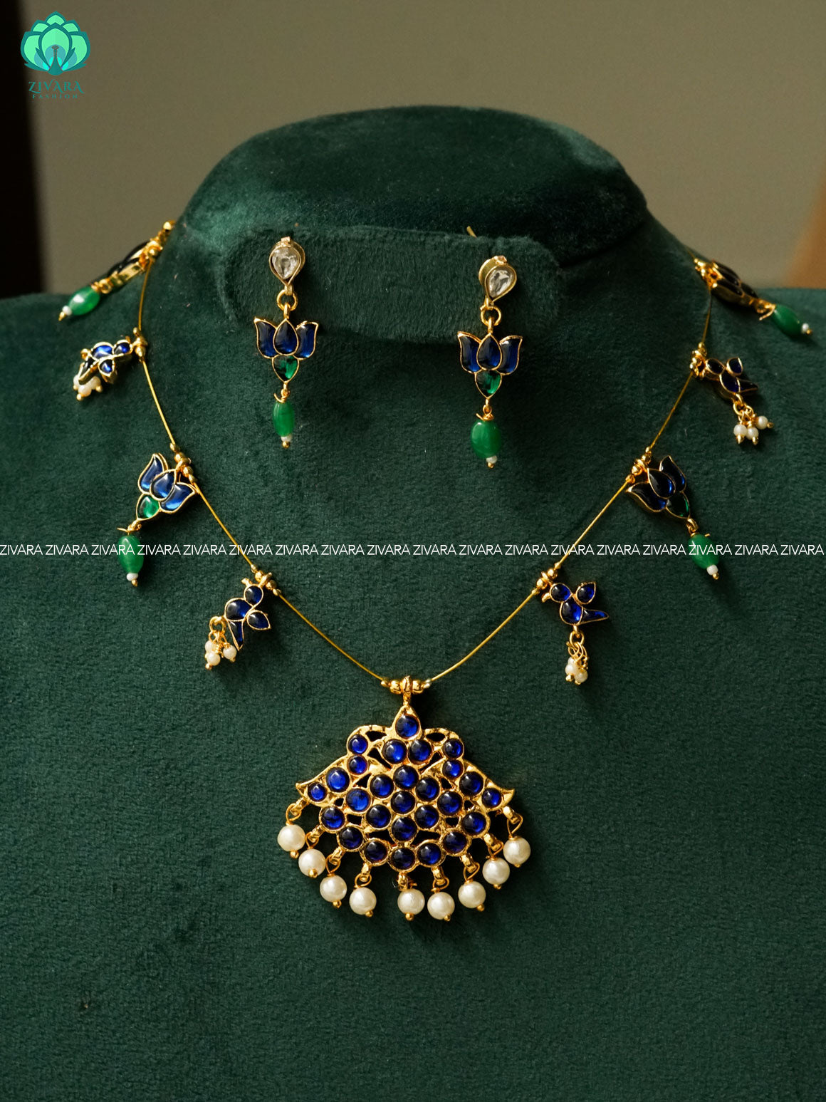 BLUE AND GREEN LOTUS WITH KEMP PENTANT -TAMARA INVISIBLE MINIMAL ELEGANT HANDMADE NECKLACE WITH BRILLIANT FINISH MOTIFS WITH EARRINGS- ZIVARA FASHION