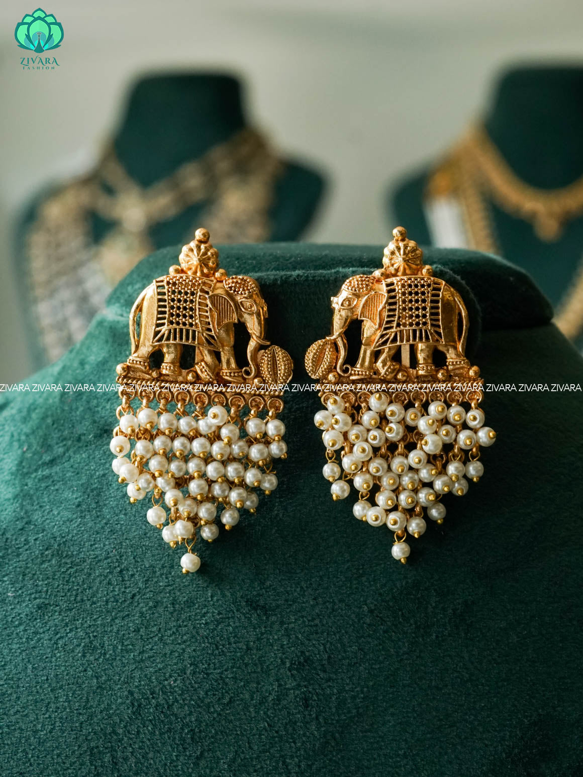 Big size elephant pearl cluster studs (2x1.5 in)- latest jewellery collection- zivara fashion