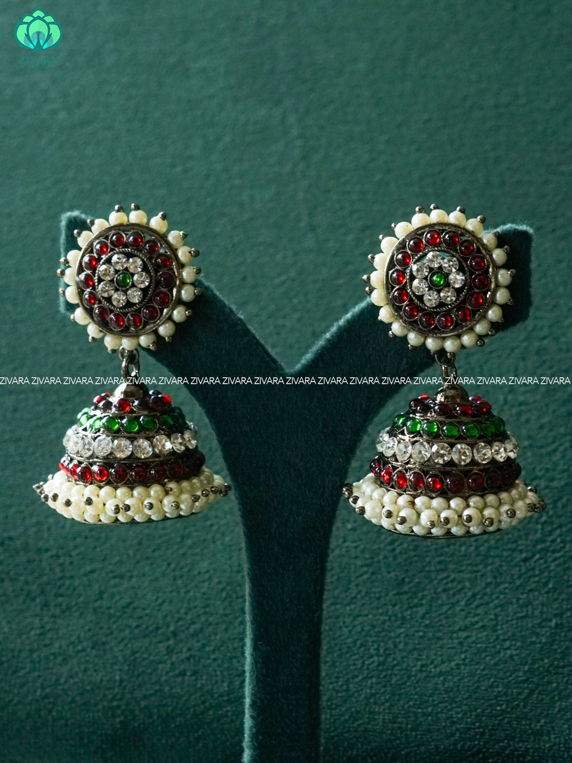 RED AND GREEN  - TRADITIONAL BLACK KEMP JHUMKA - latest kemp dance jewellery collection