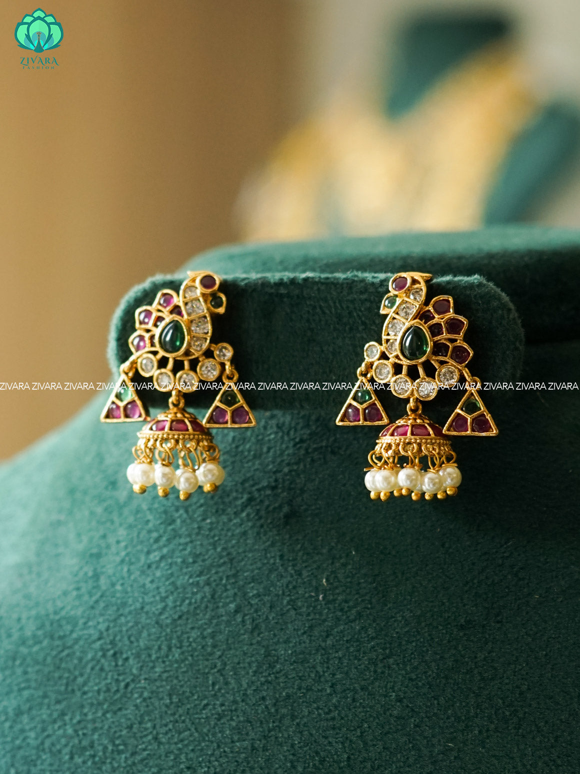 DIYA - REAL KEMP medium size PEACOCK JHUMKA - TRADITIONAL PREMIUM MATTE  polish JHUMKA- latest jewellery collection- zivara fashion