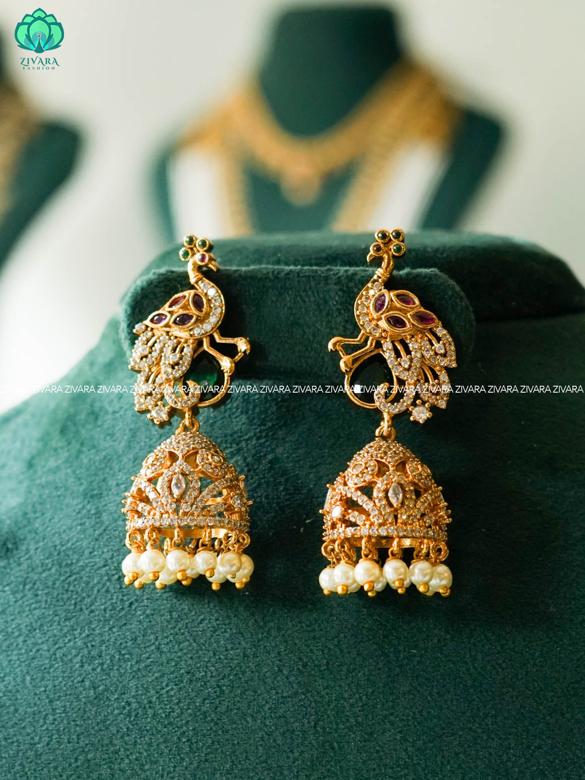 PEACOCK REAL KEMP STONE - TRADITIONAL PREMIUM MATTE  polish JHUMKA- latest jewellery collection- zivara fashion