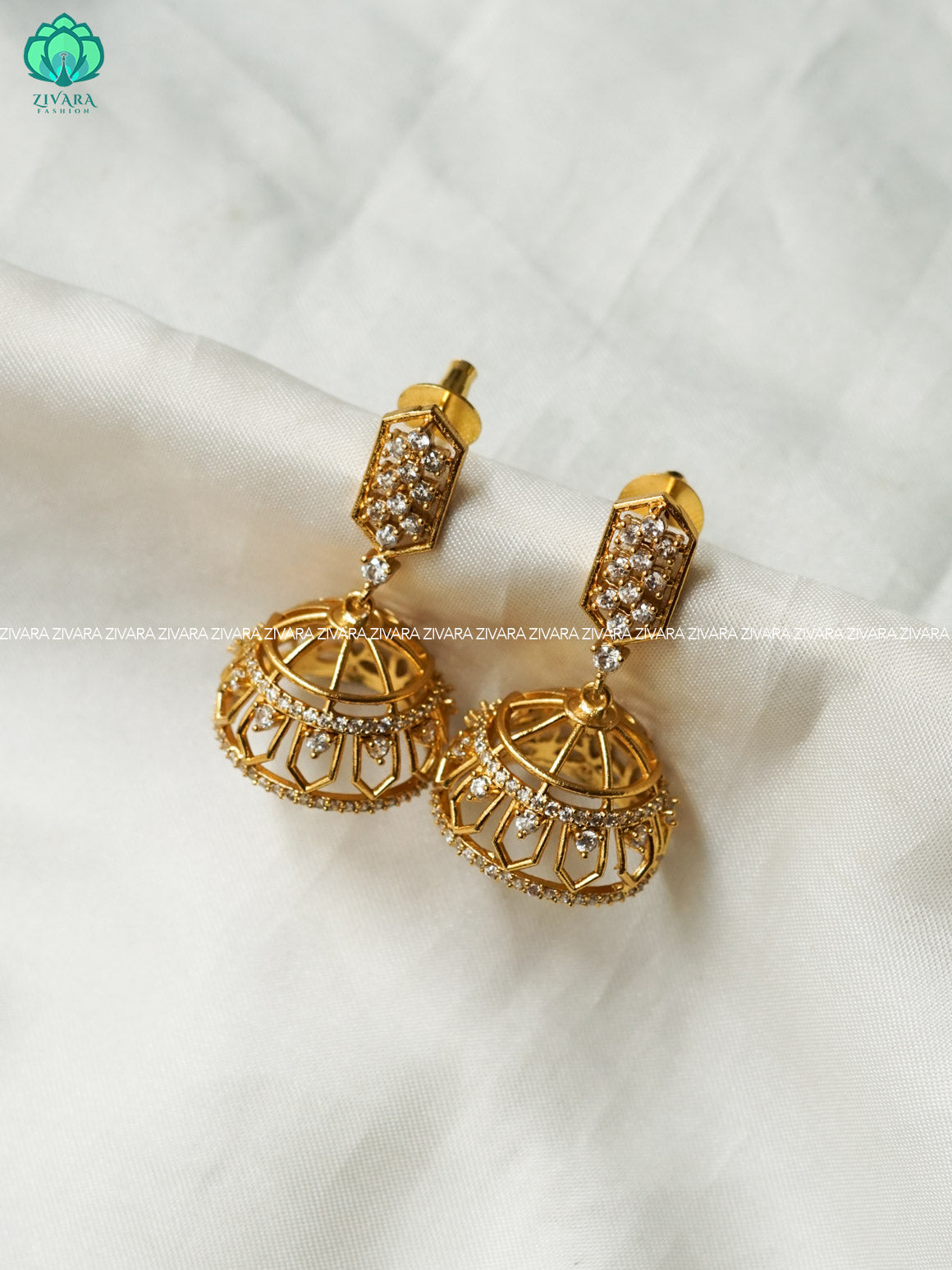 WHITE STONE  MEDIUM SIZE  JHUMKA - TRADITIONAL PREMIUM GOLD  polish JHUMKA- latest jewellery collection- zivara fashion