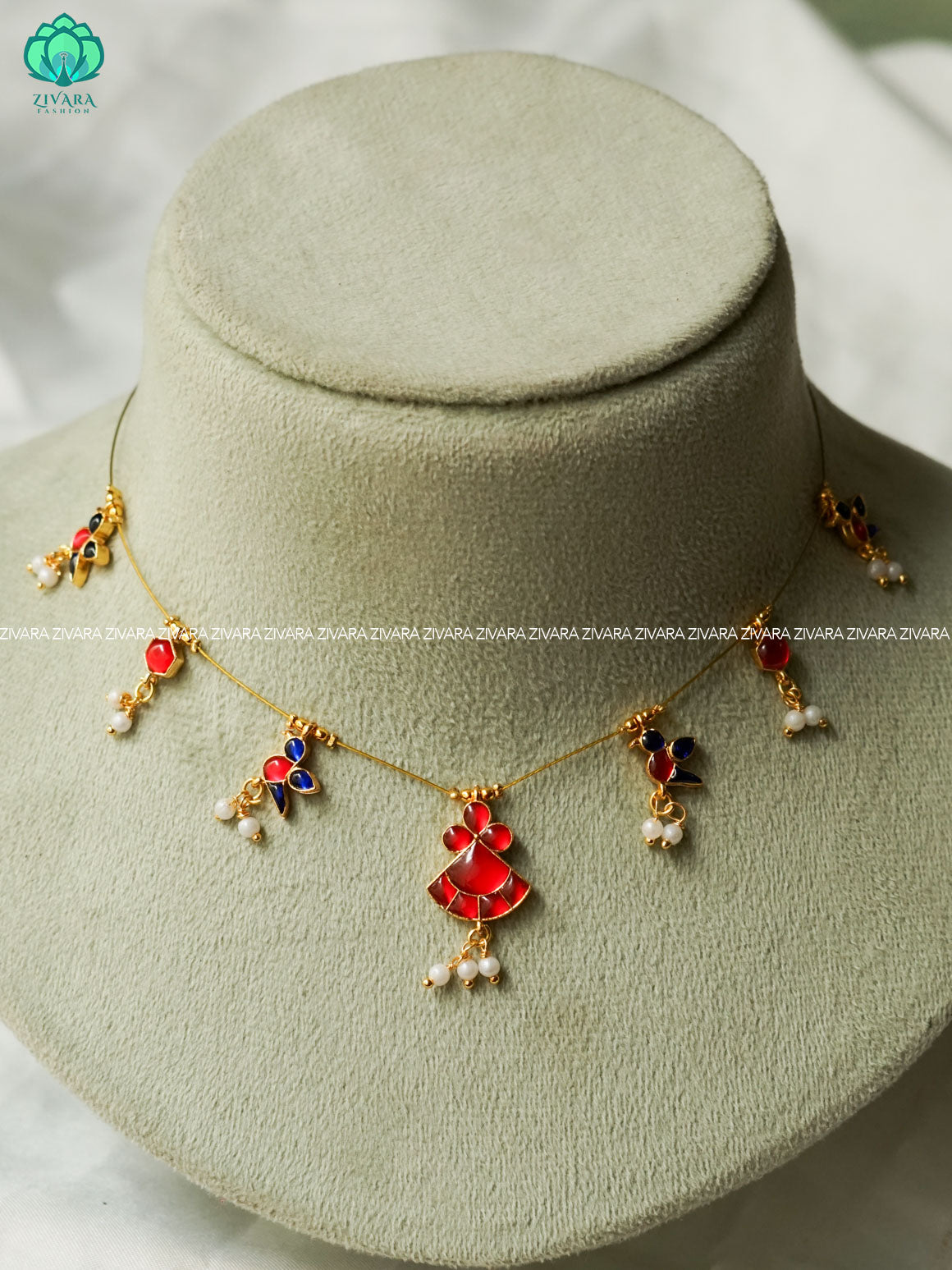 KAMALI -  RED AND BLUE PARROT WITH PENTANT - TAMARA  INVISIBLE MINIMAL ELEGANT HANDMADE NECKLACE WITH BRILLIANT FINISH MOTIFS- ZIVARA FASHION