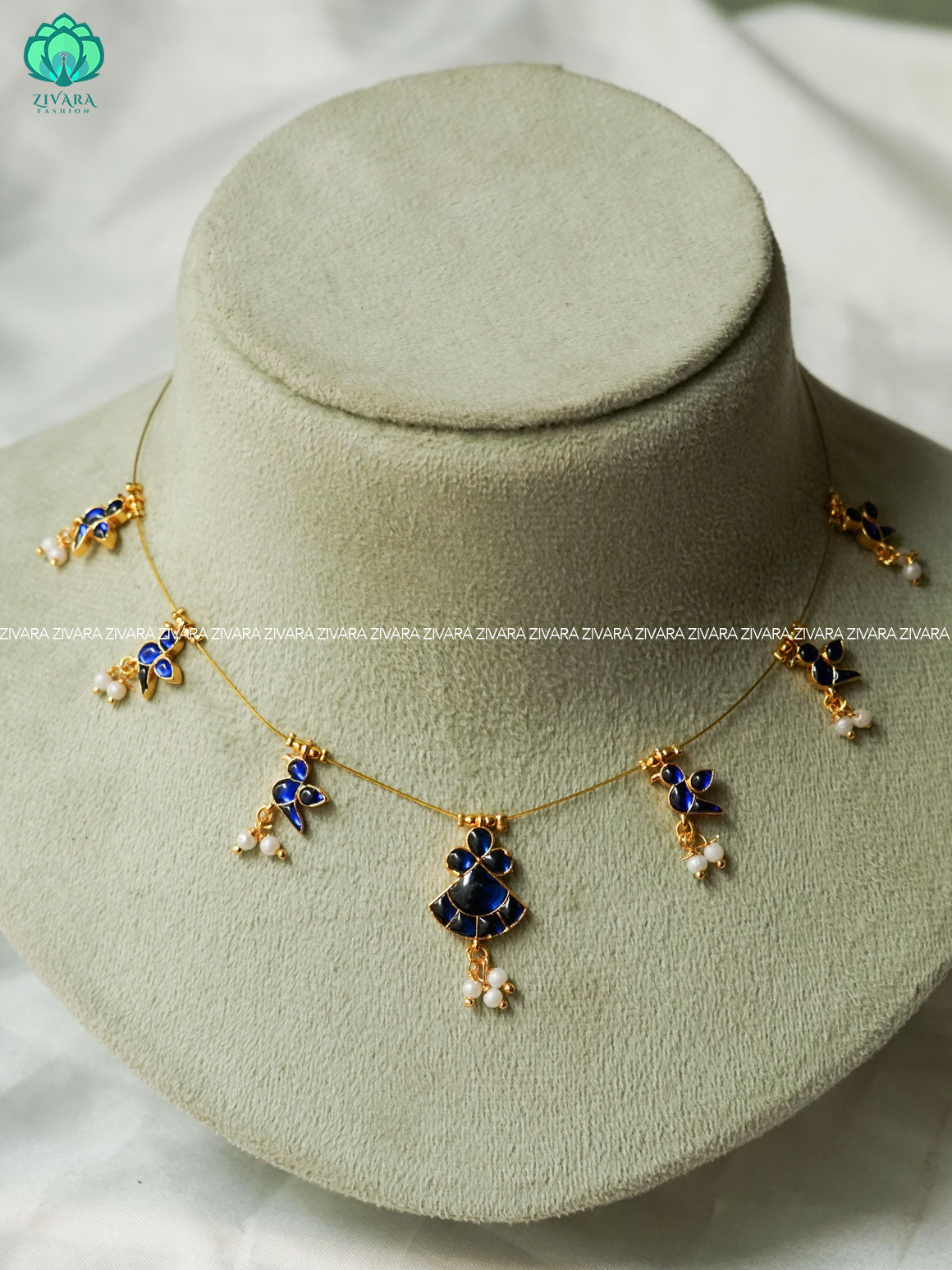 BLUE PARROT WITH PENDANT -TAMARA INVISIBLE MINIMAL ELEGANT HANDMADE NECKLACE WITH BRILLIANT FINISH MOTIFS- ZIVARA FASHION