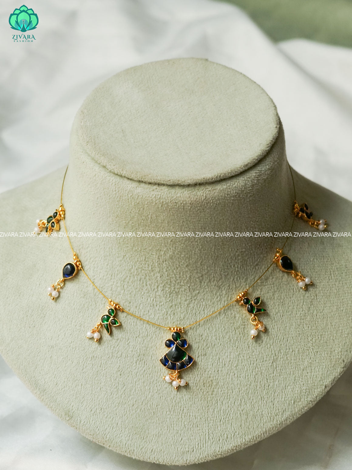 KAMALI -  GREEN PARROT WITH PENTANT - TAMARA  INVISIBLE MINIMAL ELEGANT HANDMADE NECKLACE WITH BRILLIANT FINISH MOTIFS- ZIVARA FASHION