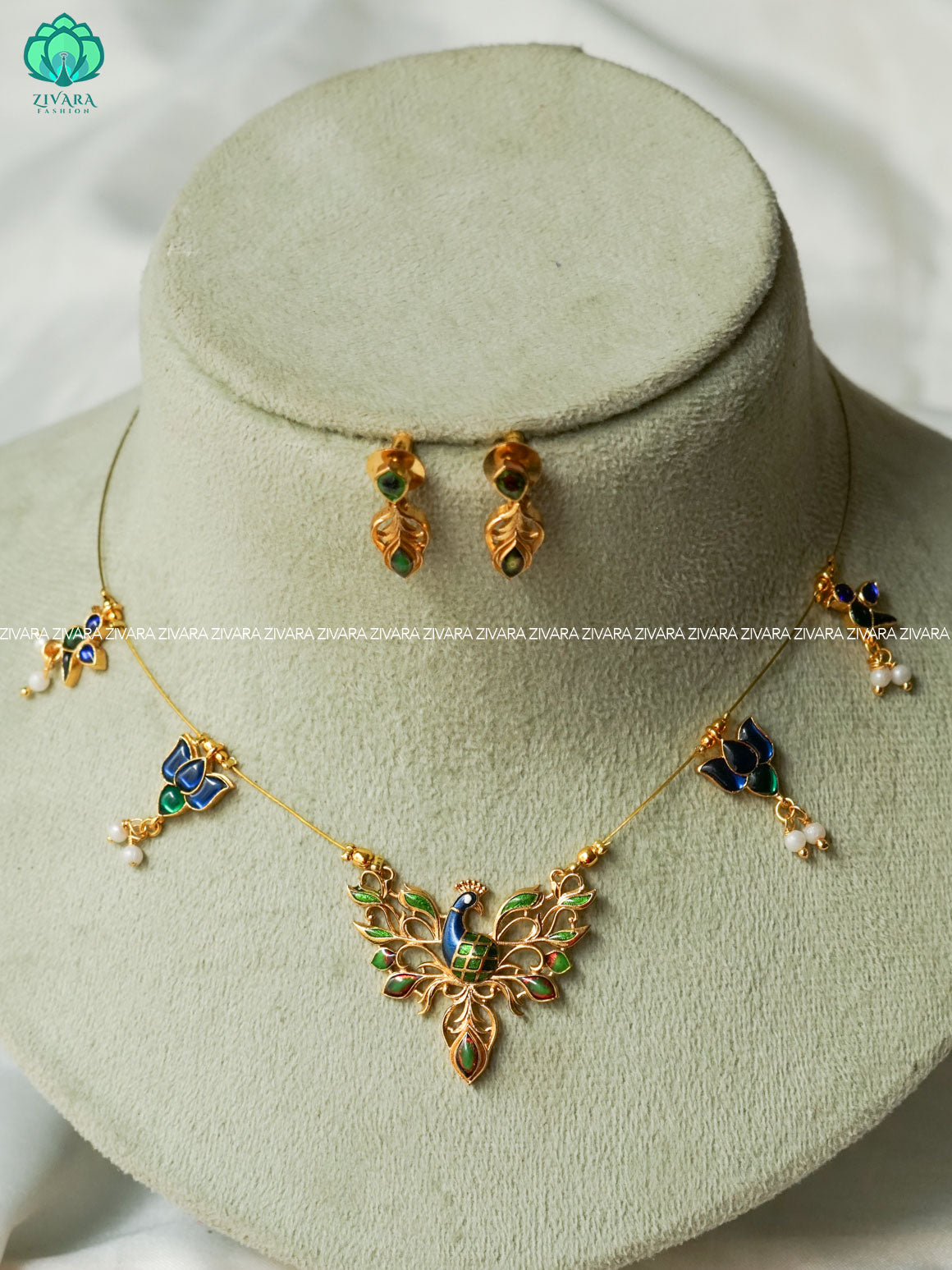 Enamel peacock with earrings - TAMARA  INVISIBLE MINIMAL ELEGANT HANDMADE NECKLACE WITH BRILLIANT FINISH MOTIFS  with earrings- ZIVARA FASHION