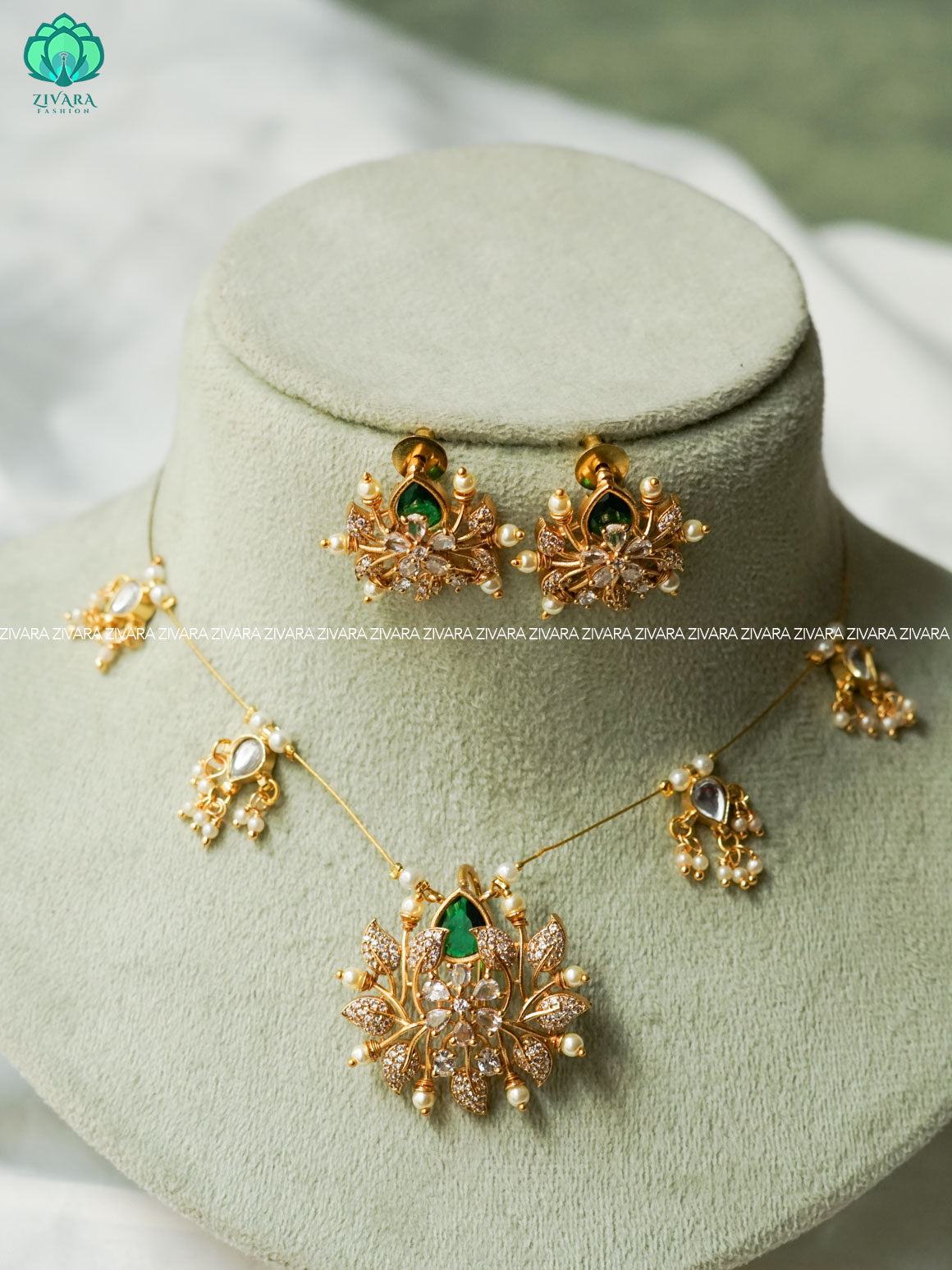 GREEN STONE LEAF - TAMARA pendant INVISIBLE MINIMAL ELEGANT HANDMADE NECKLACE WITH BRILLIANT FINISH MOTIFS- ZIVARA FASHION