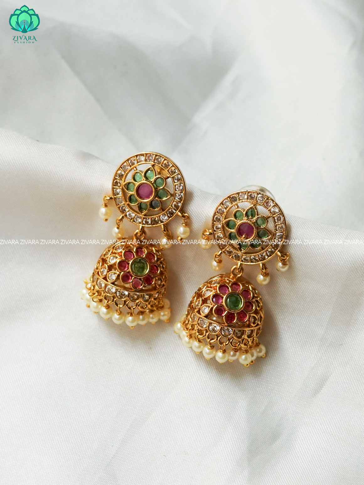 Ruby Green floral jhumkas - Bridal PREMIUM MATTE  polish JHUMKA- latest jewellery collection- zivara fashion