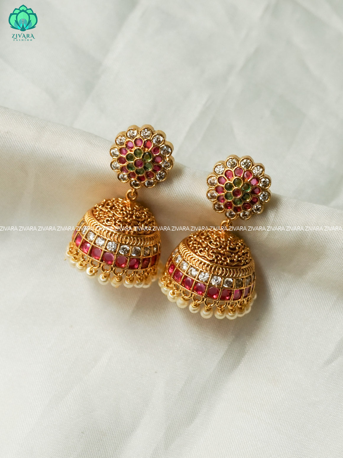 RUBY AND GREEN FLOWER MOTIF  jhumka - latest trending collection