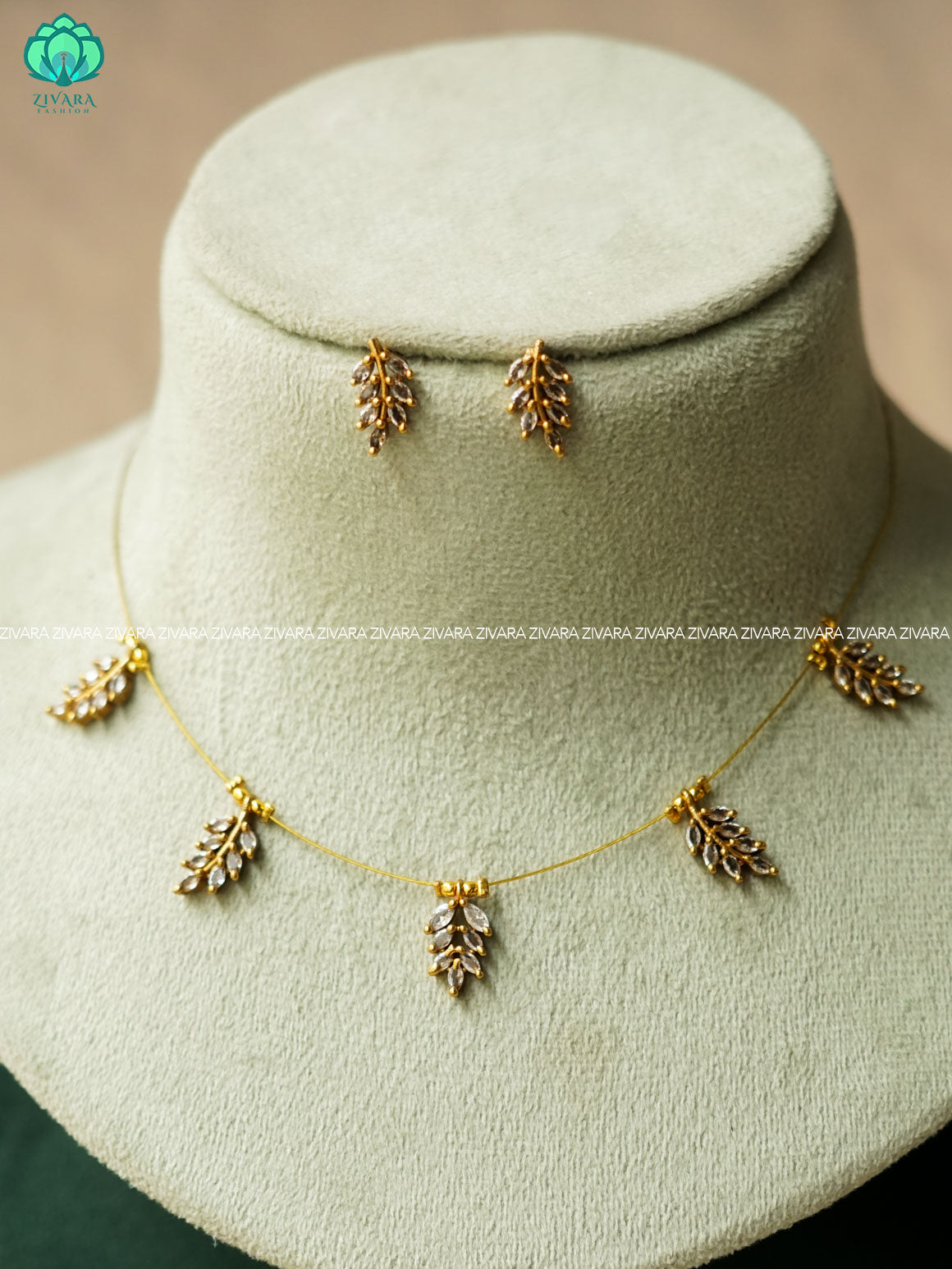 LEAF WHITE STONE -TAMARA INVISIBLE MINIMAL ELEGANT HANDMADE NECKLACE WITH BRILLIANT FINISH MOTIFS- ZIVARA FASHION
