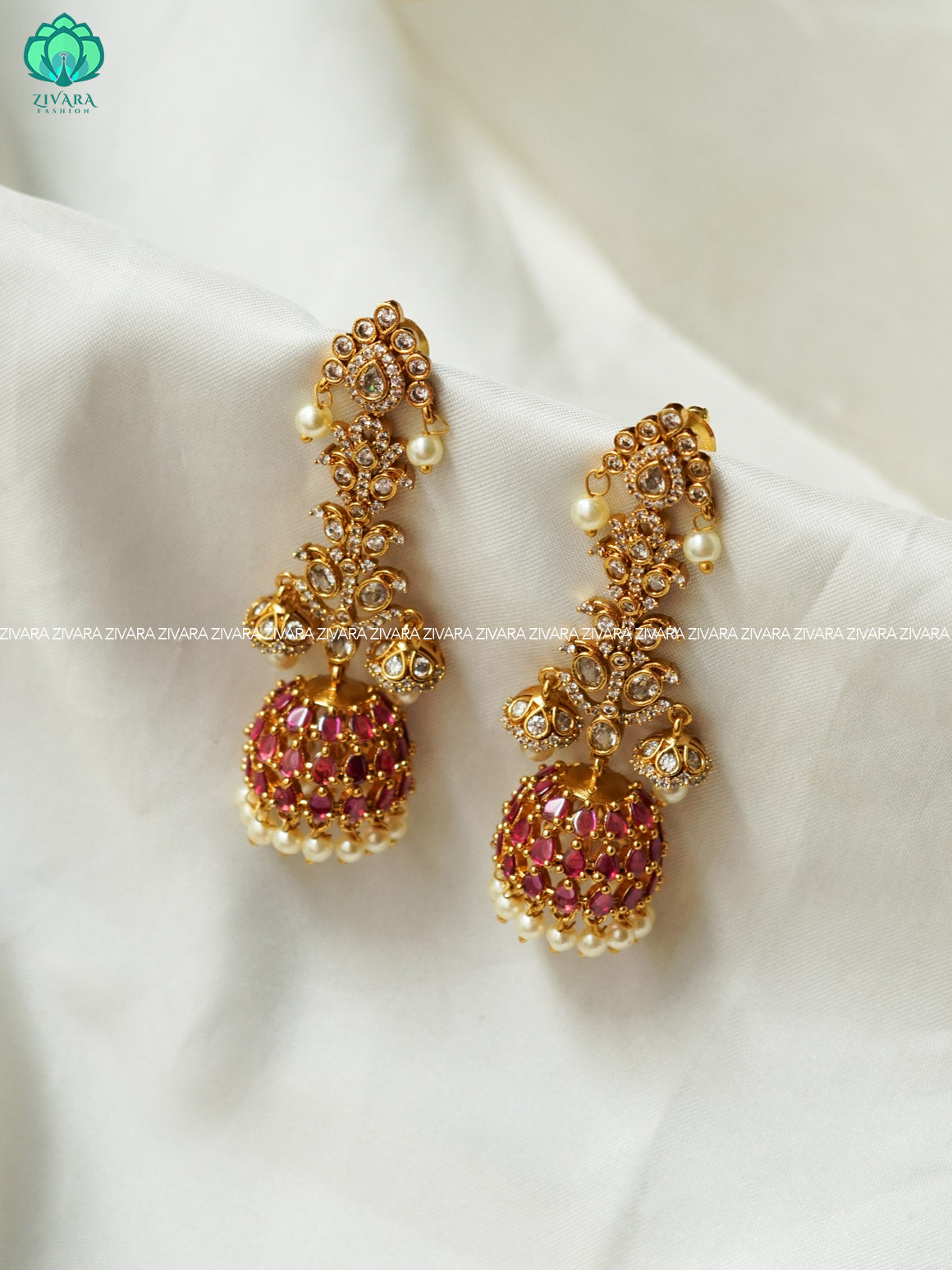 RUBY EXOTIC STONE - TRADITIONAL PREMIUM MATTE  polish JHUMKA- latest jewellery collection- zivara fashion
