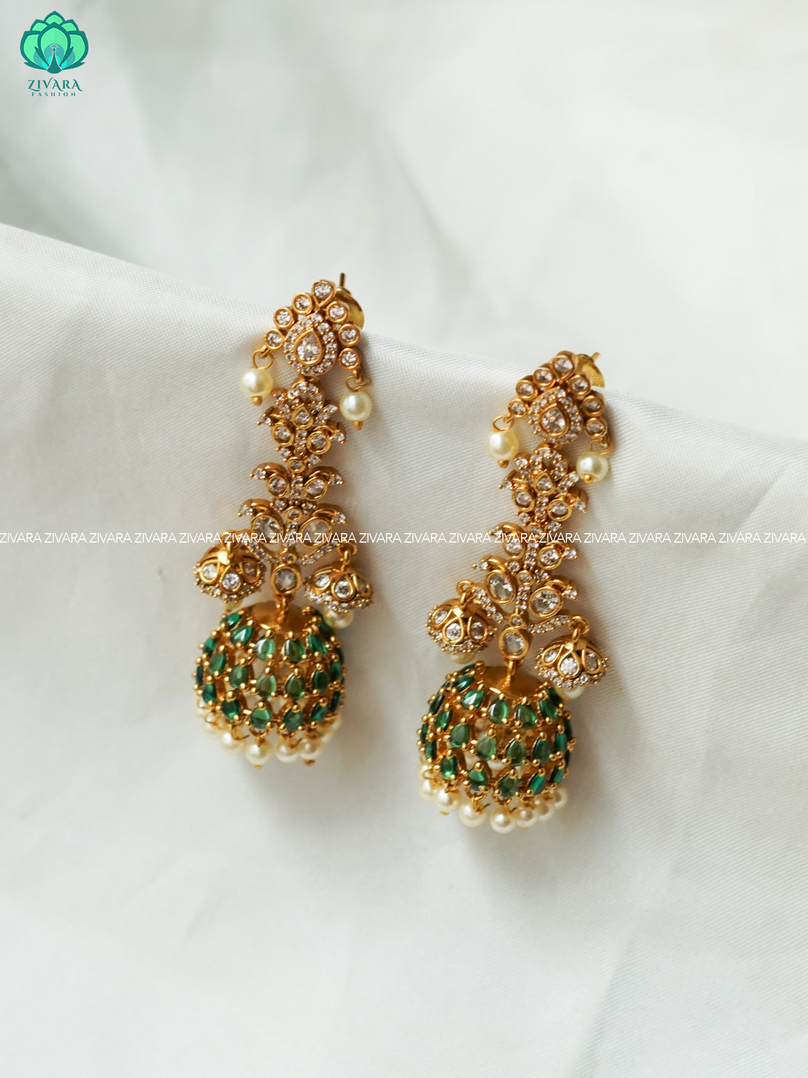 GREEN EXOTIC STONE - TRADITIONAL PREMIUM MATTE  polish JHUMKA- latest jewellery collection- zivara fashion