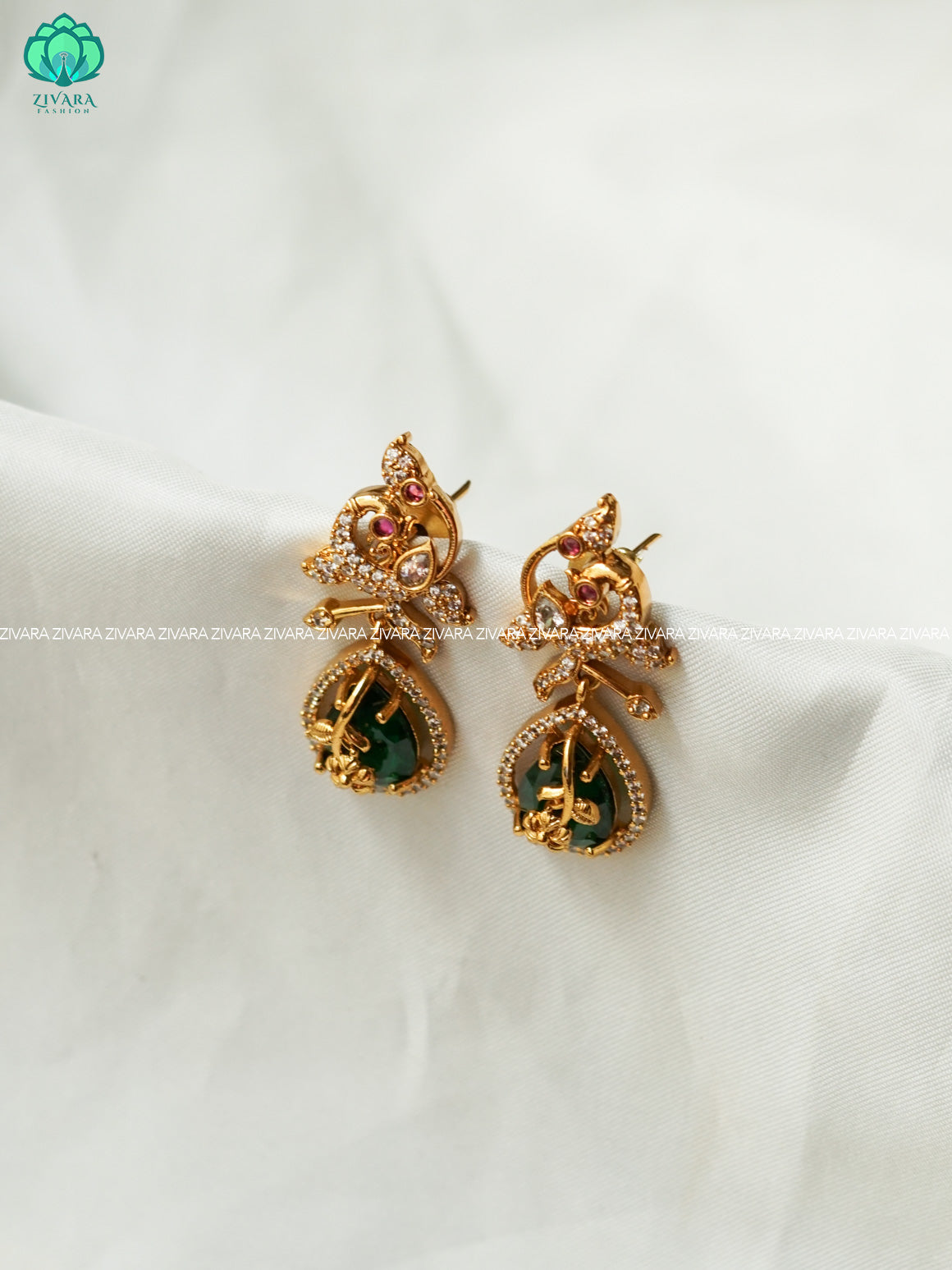GREEN STONE PEACOCK EARRINGS - latest jewellery collection- zivara fashion