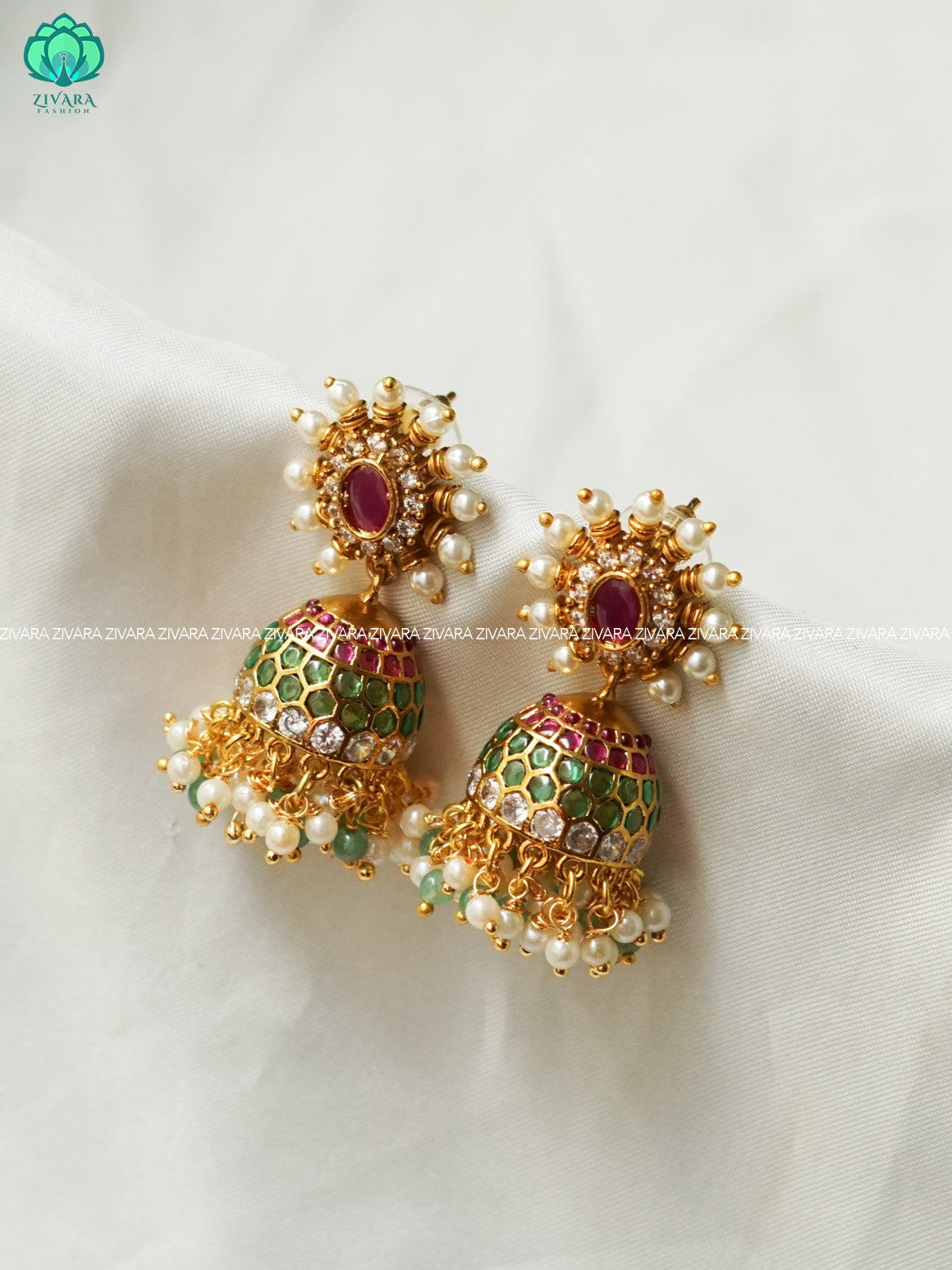 RUBY GREEN STONE JHUMKA WITH GREEN BEADS HANGINGS - Bridal PREMIUM MATTE  polish JHUMKA- latest jewellery collection- zivara fashion