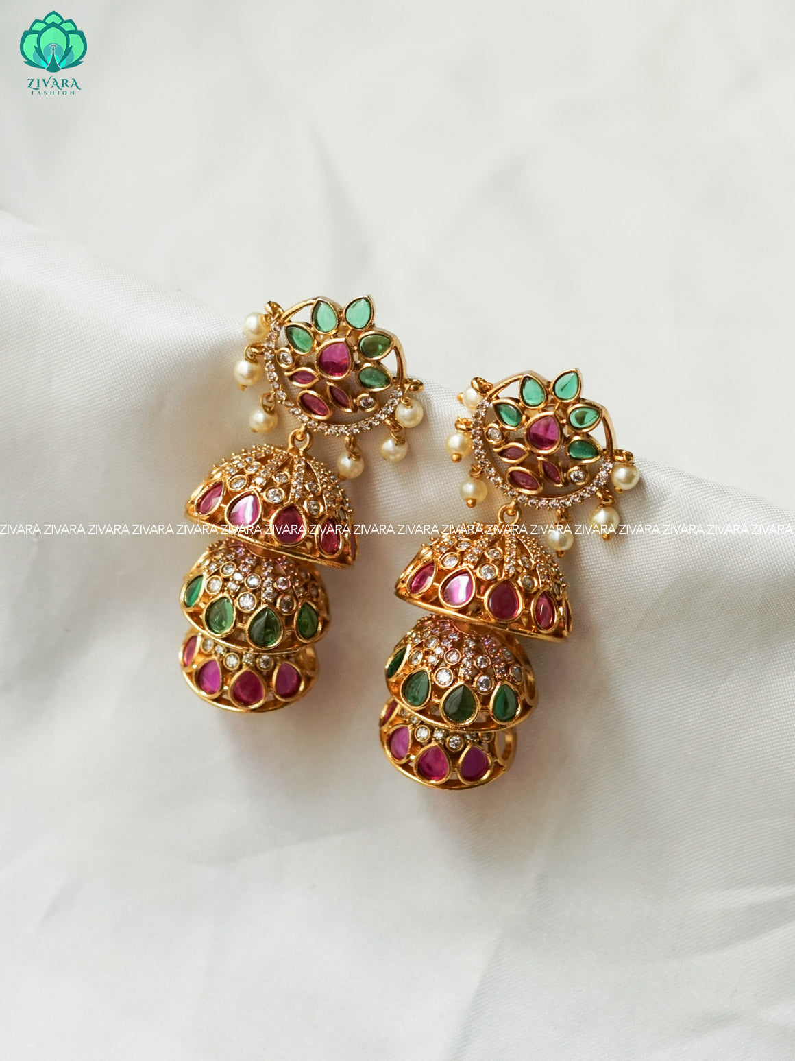 3 LAYER FLOWRAL - Bridal PREMIUM MATTE  polish JHUMKA- latest jewellery collection- zivara fashion