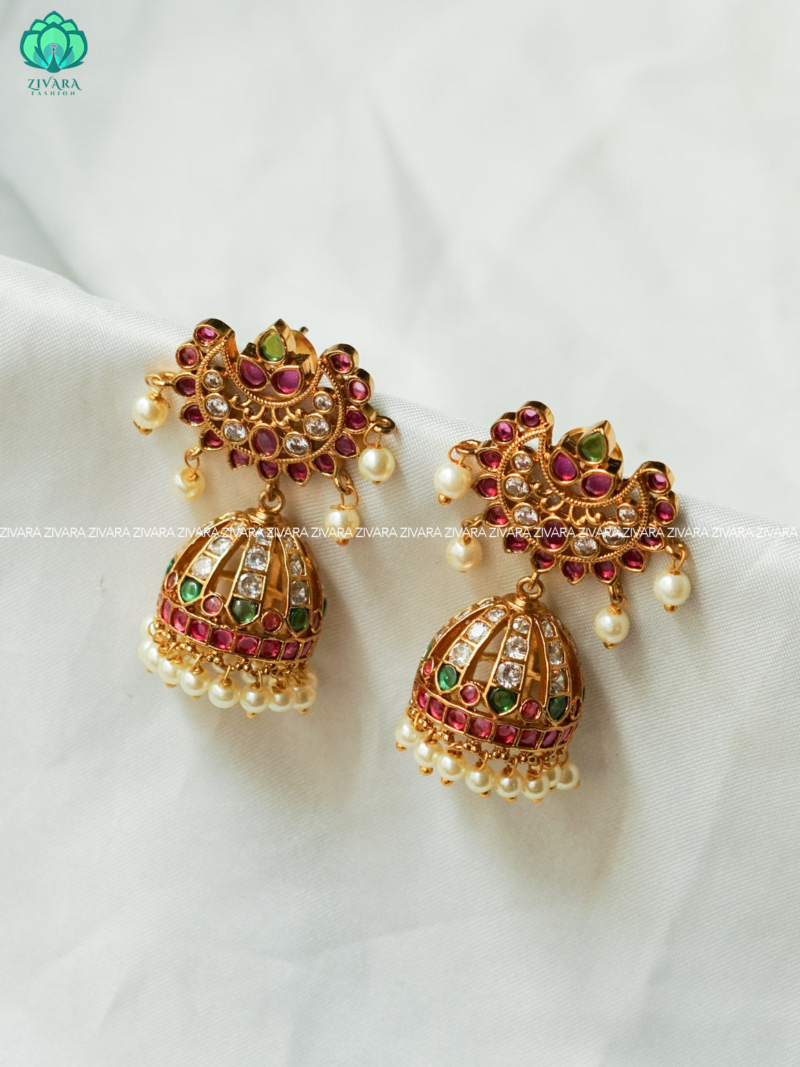 REAL KEMP HALF MOON - Bridal PREMIUM MATTE  polish JHUMKA- latest jewellery collection- zivara fashion