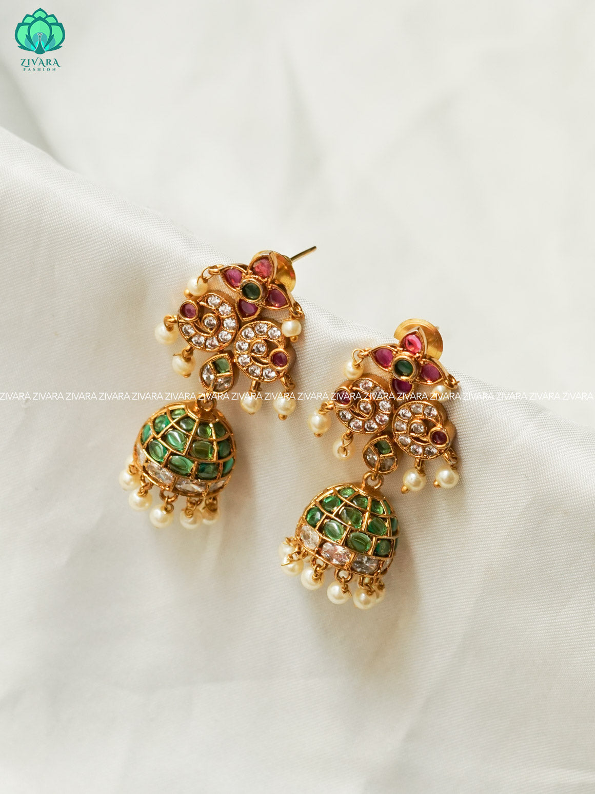 DIYA - REAL KEMP medium size PEACOCK JHUMKA - TRADITIONAL PREMIUM MATTE  polish JHUMKA- latest jewellery collection- zivara fashion
