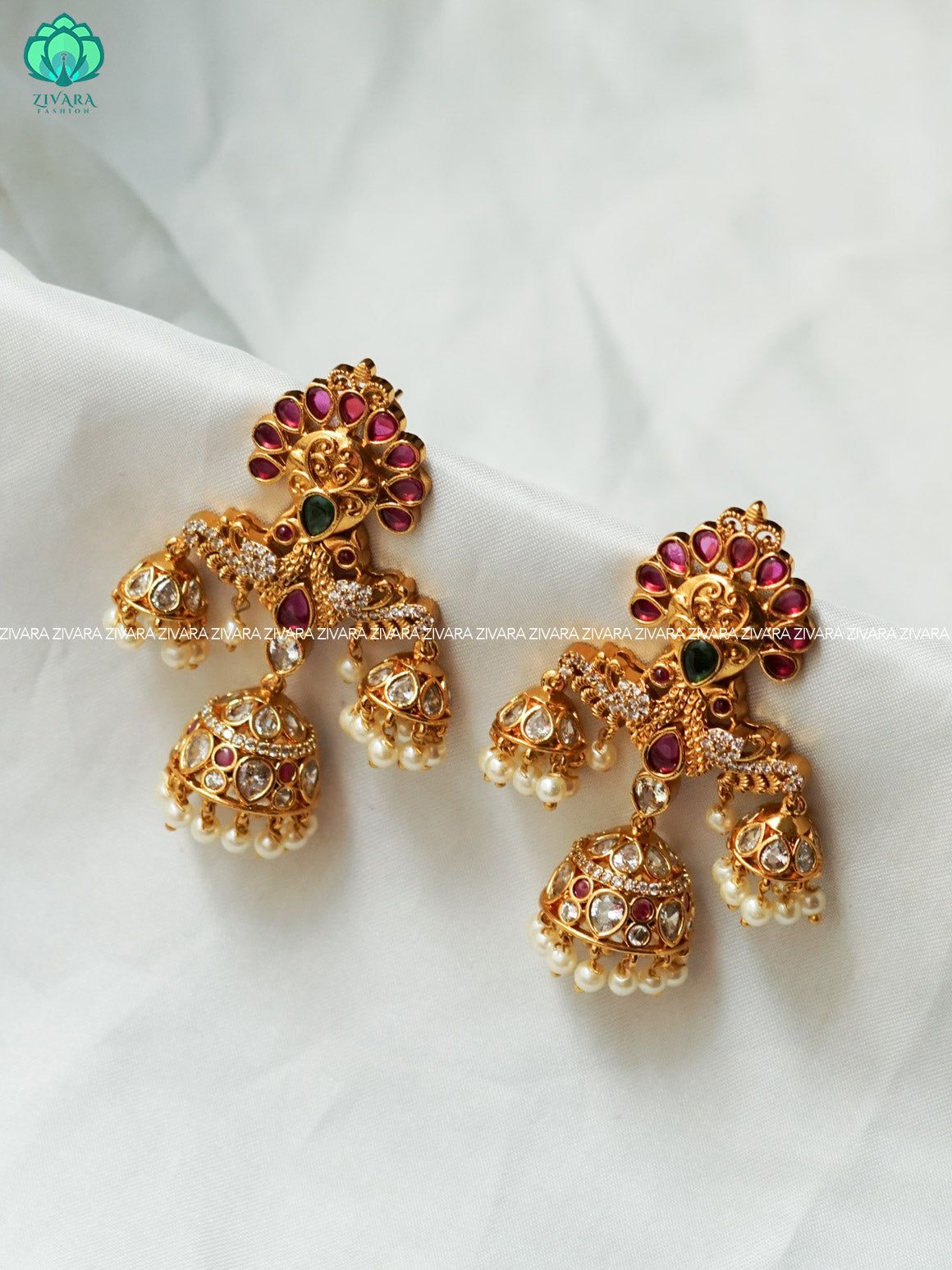 DIYA - REAL KEMP PEACOCK - TRADITIONAL PREMIUM MATTE  polish JHUMKA- latest jewellery collection- zivara fashion