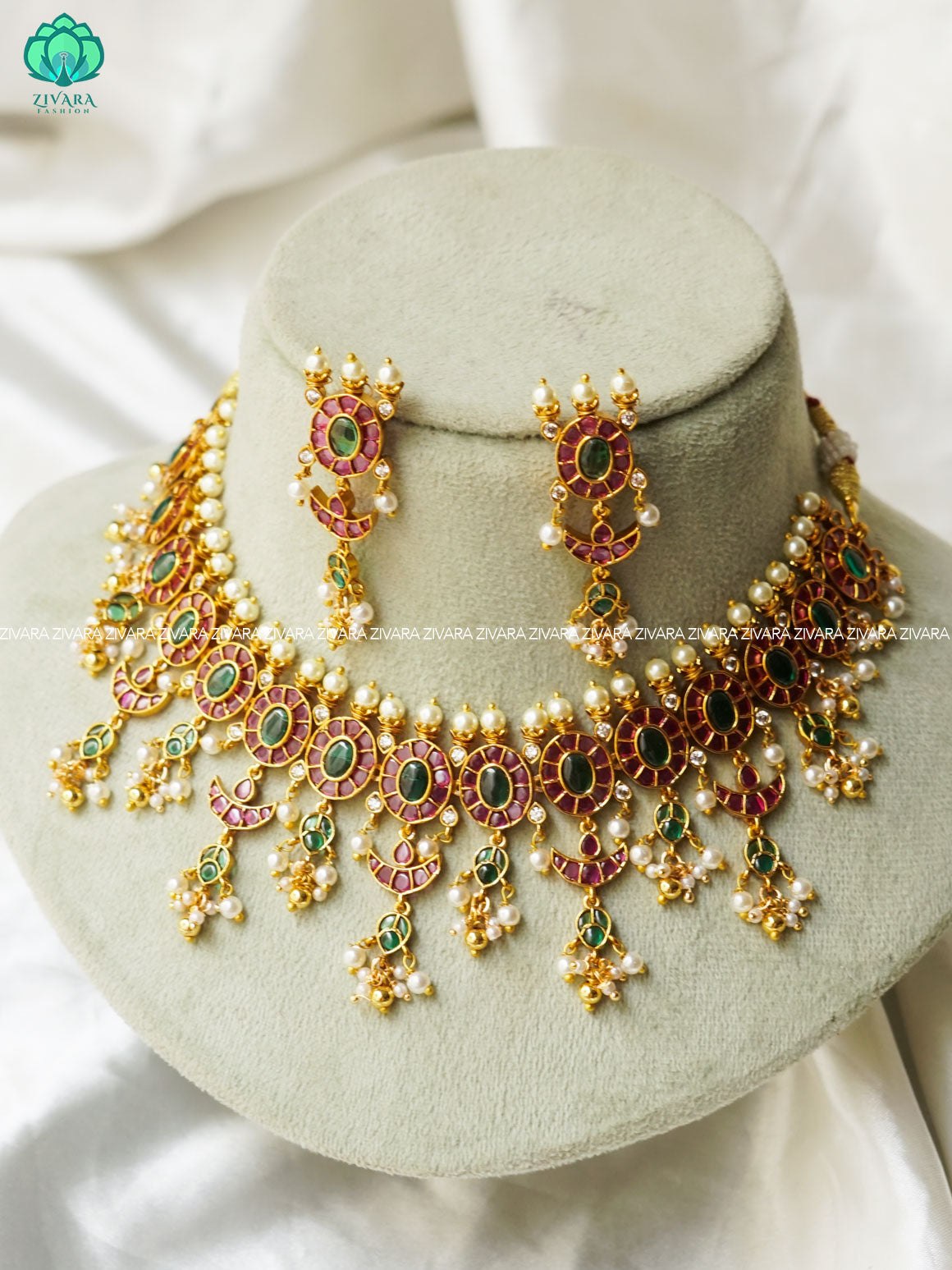AKSHAYAM -  REAL KEMP neckwear with  beads hangings with earrings - Zivara Fashion