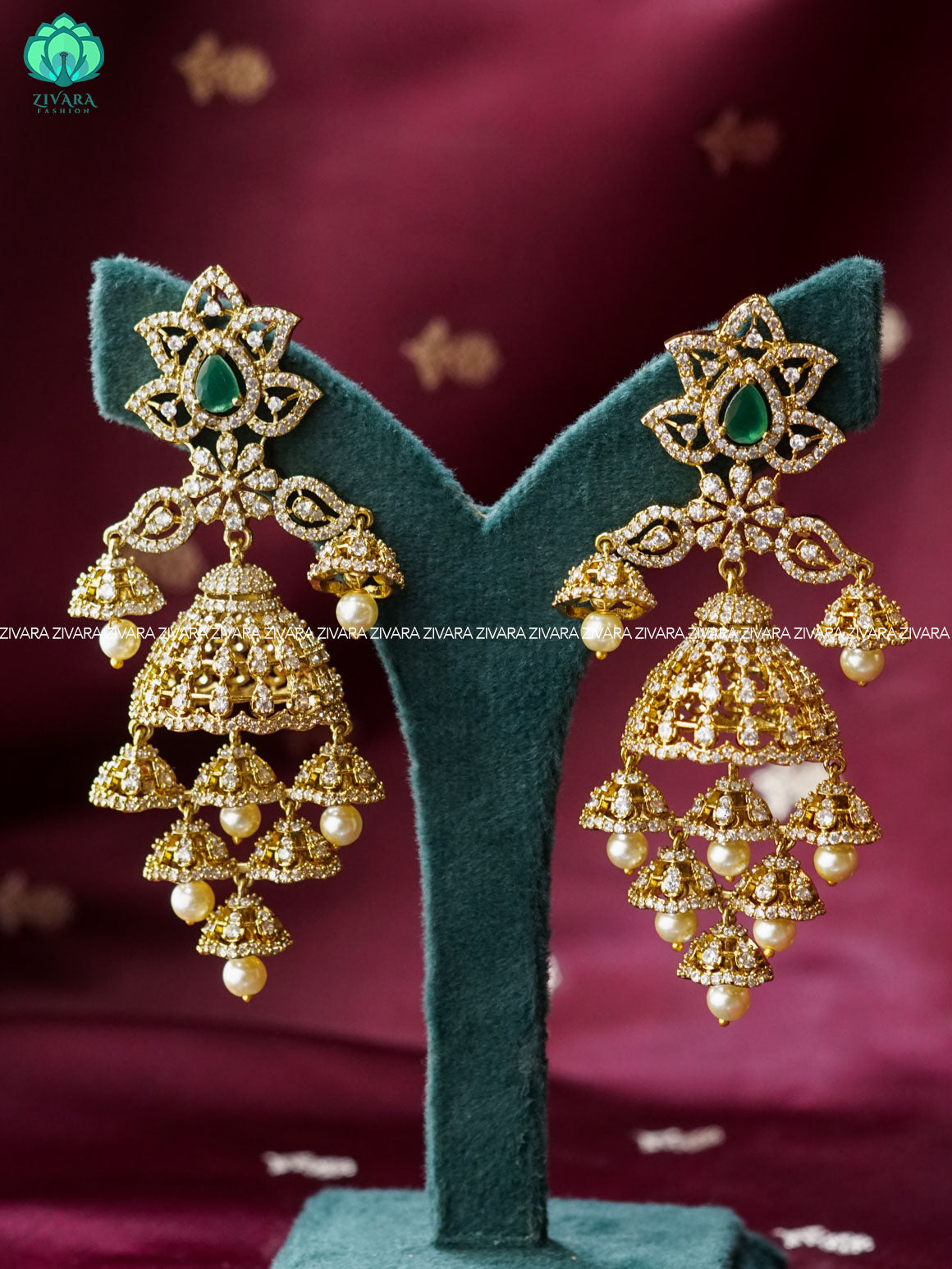 BRIDAL GREEN WHITE STONE CHANDELIER JHUMKA - latest trending collection - ZIVARA FASHION