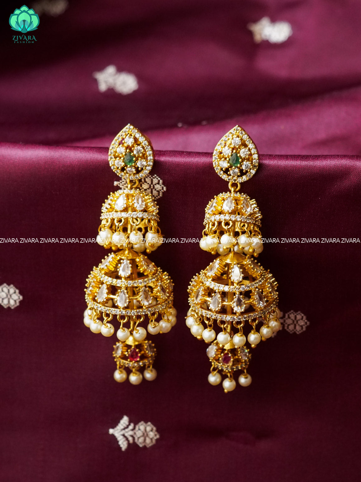 BRIDAL LONG JHUMKA WITH  HANGINGS - TRADITIONAL PREMIUM MATTE  polish JHUMKA- latest jewellery collection- zivara fashion