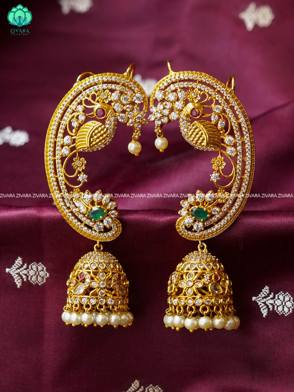 RUBY GREEN PEACOCK  EARCUFF JHUMKA - latest jewellery collection- zivara fashion