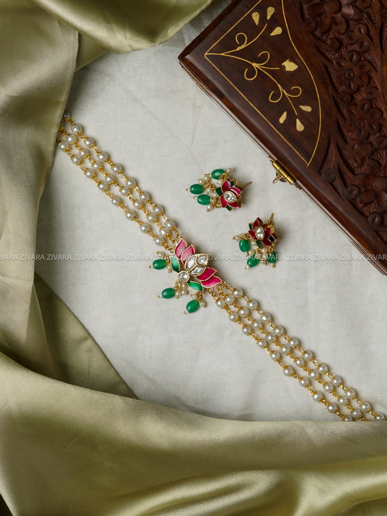 GREEN- Lotus enamel pearl -TRADITIONAL CHOKER COLLECTION WITH EARRINGS- LATEST JEWELLERY COLLECTION