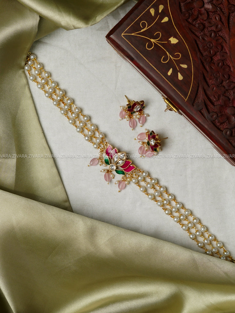 PASTEL PINK - Lotus enamel pearl -TRADITIONAL CHOKER COLLECTION WITH EARRINGS- LATEST JEWELLERY COLLECTION