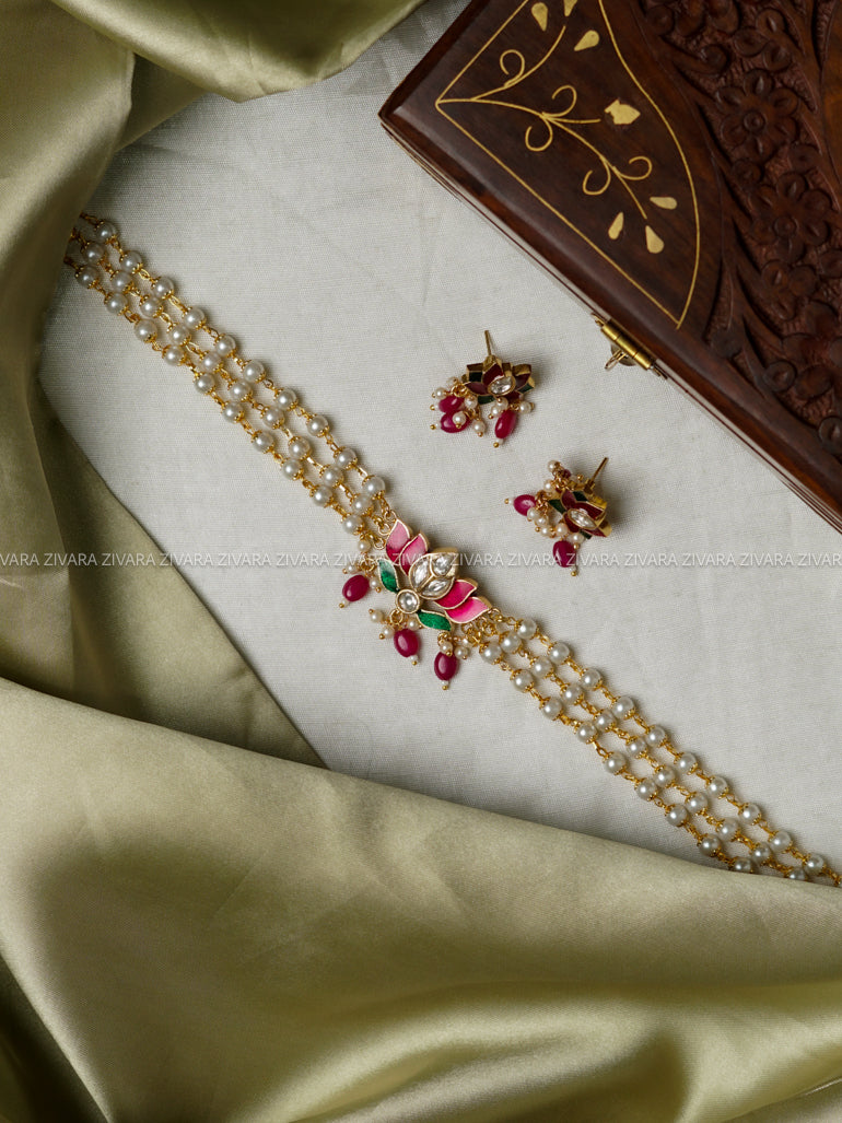Ruby- Lotus enamel pearl -TRADITIONAL CHOKER COLLECTION WITH EARRINGS- LATEST JEWELLERY COLLECTION