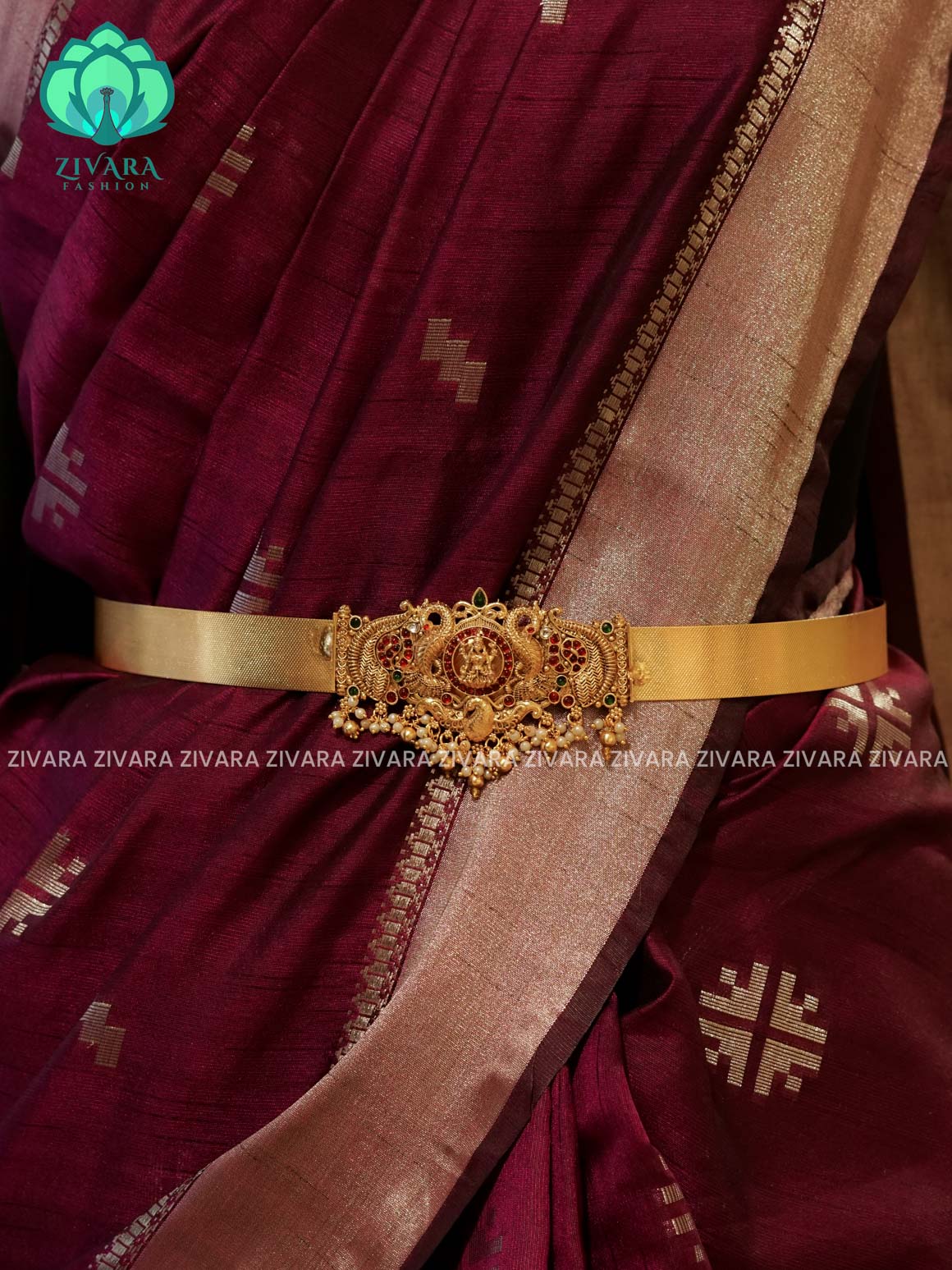 GOLD with pearls BALLS  - DHRUVA- MATTE TEMPLE STYLE (31 TO 37 INCHES  ) Latest South indian budget friendly hipbelt collection- Zivara Fashion