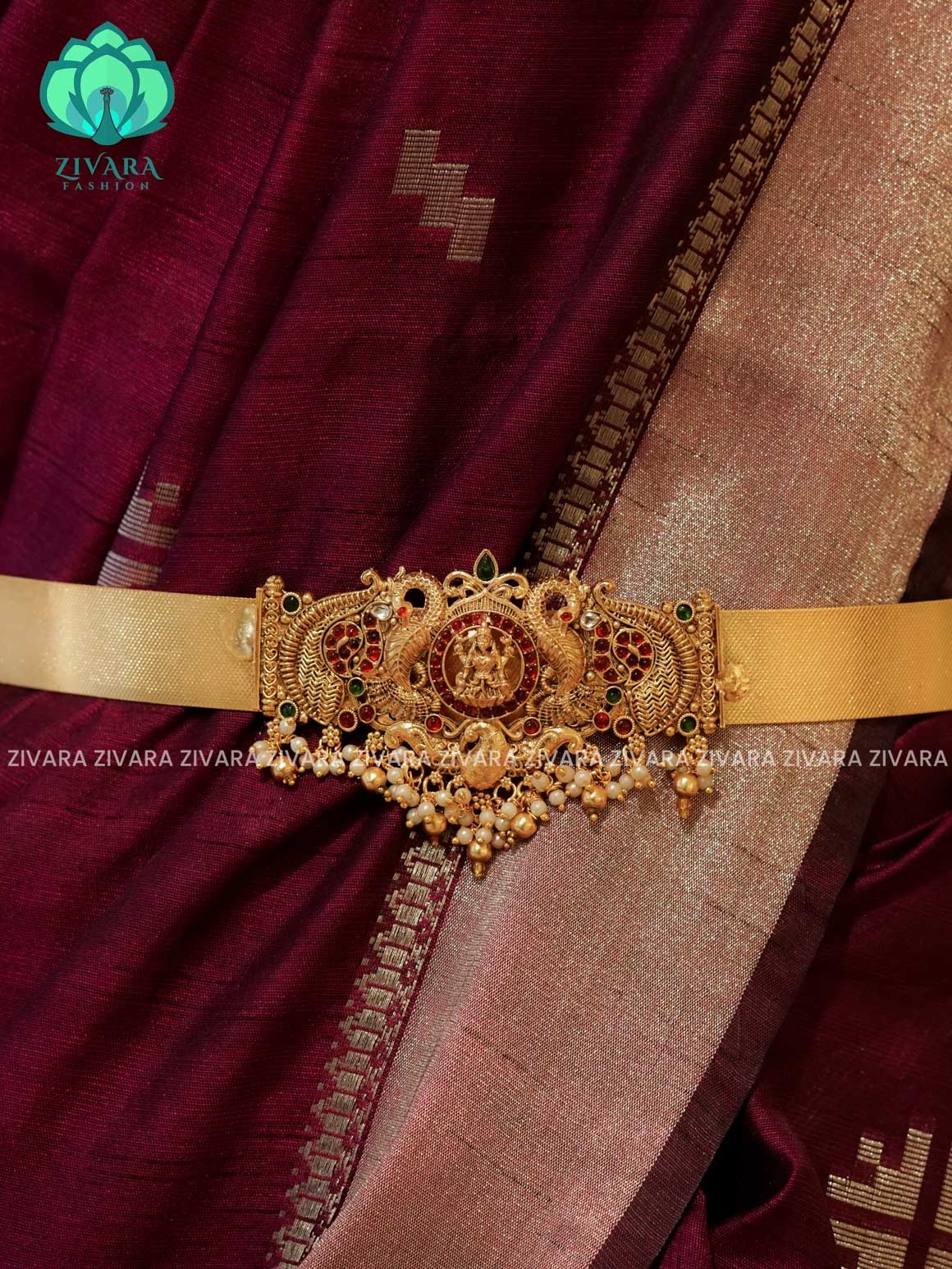 GOLD with pearls BALLS  - DHRUVA- MATTE TEMPLE STYLE (31 TO 37 INCHES  ) Latest South indian budget friendly hipbelt collection- Zivara Fashion