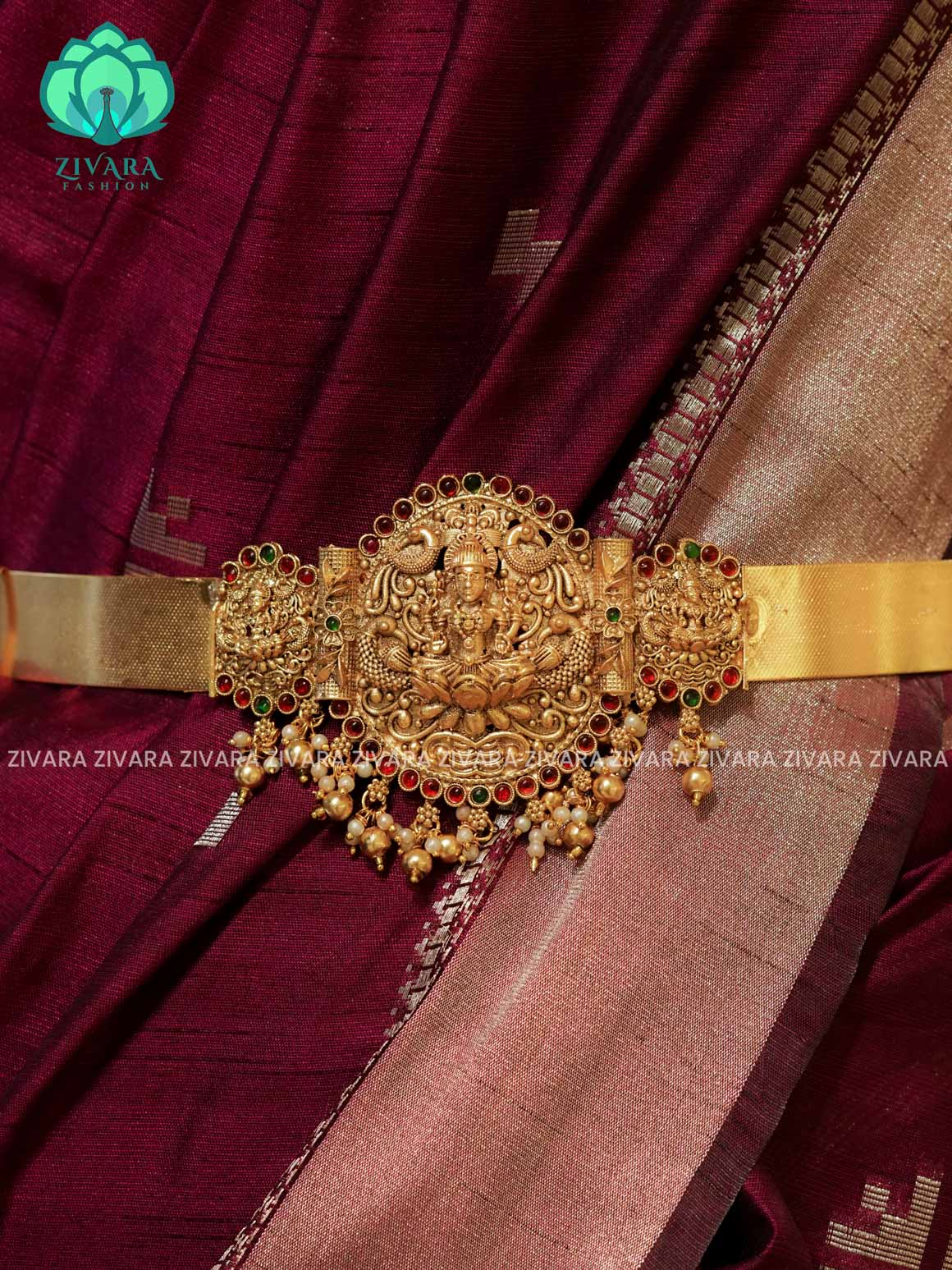 GOLD with pearls BALLS  - DHRUVA- MATTE TEMPLE STYLE (31 TO 37 INCHES  ) Latest South indian budget friendly hipbelt collection- Zivara Fashion