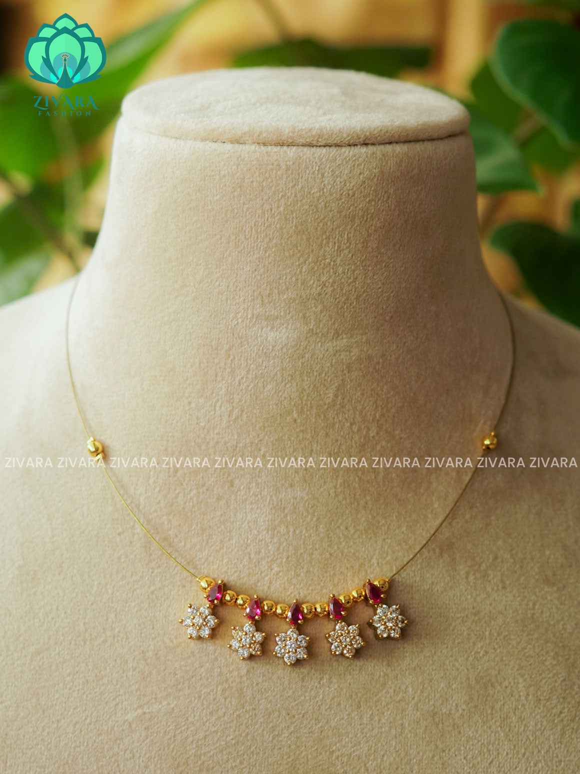 RUBY - TAMARA - MATTE FINISH STAR  - INVISIBLE MINIMAL ELEGANT HANDMADE NECKLACE WITH BRILLIANT FINISH MOTIFS- ZIVARA FASHION