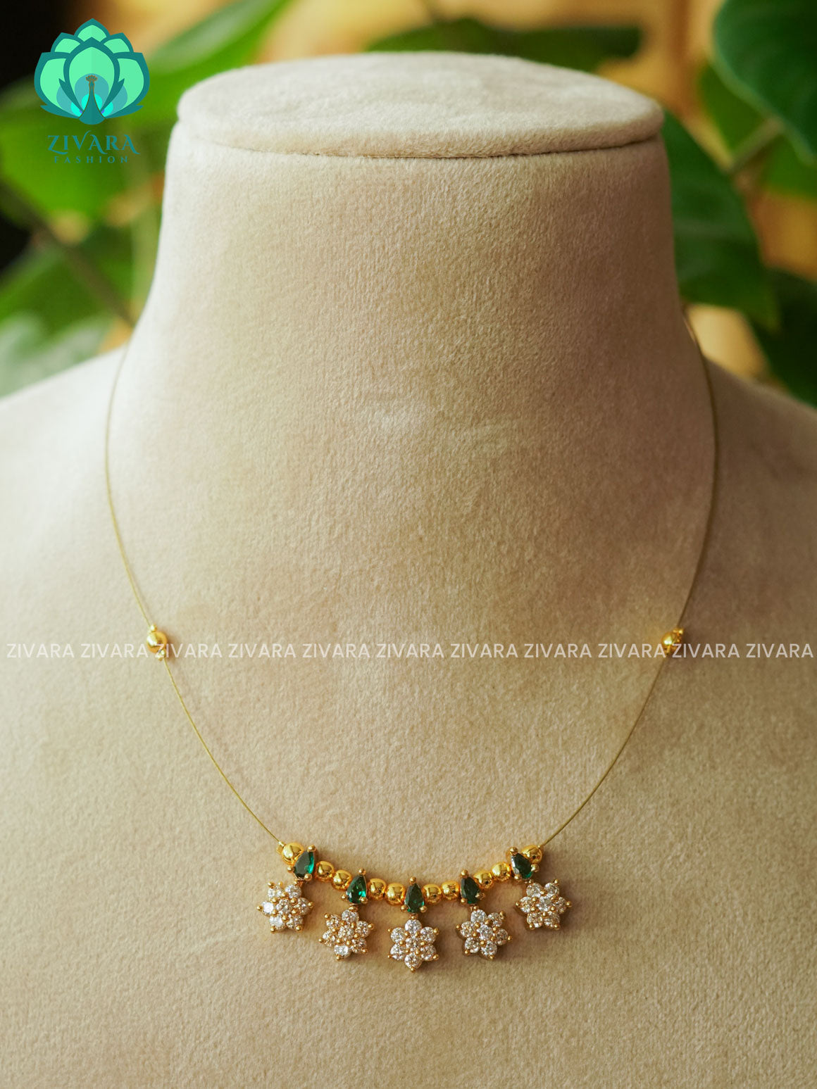 GREEN - TAMARA - MATTE FINISH STAR  - INVISIBLE MINIMAL ELEGANT HANDMADE NECKLACE WITH BRILLIANT FINISH MOTIFS- ZIVARA FASHION