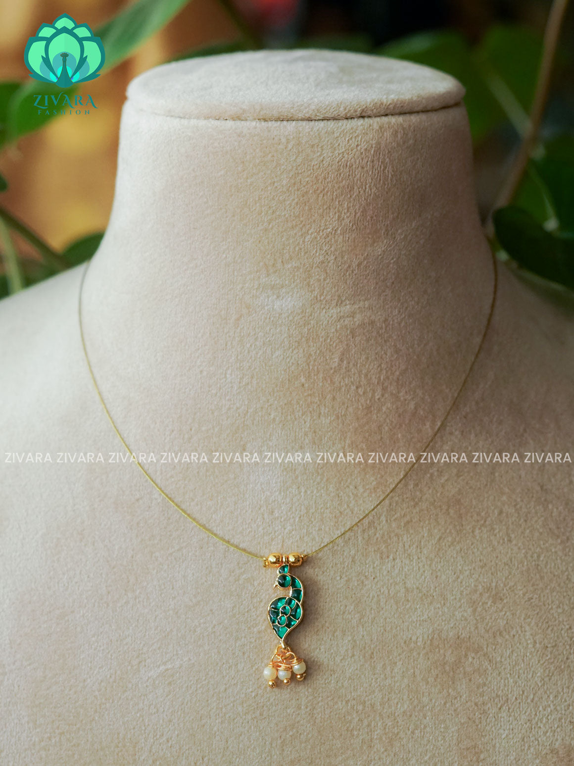 GREEN  - TAMARA - PEACOCK INVISIBLE MINIMAL ELEGANT HANDMADE NECKLACE WITH BRILLIANT FINISH MOTIFS- ZIVARA FASHION