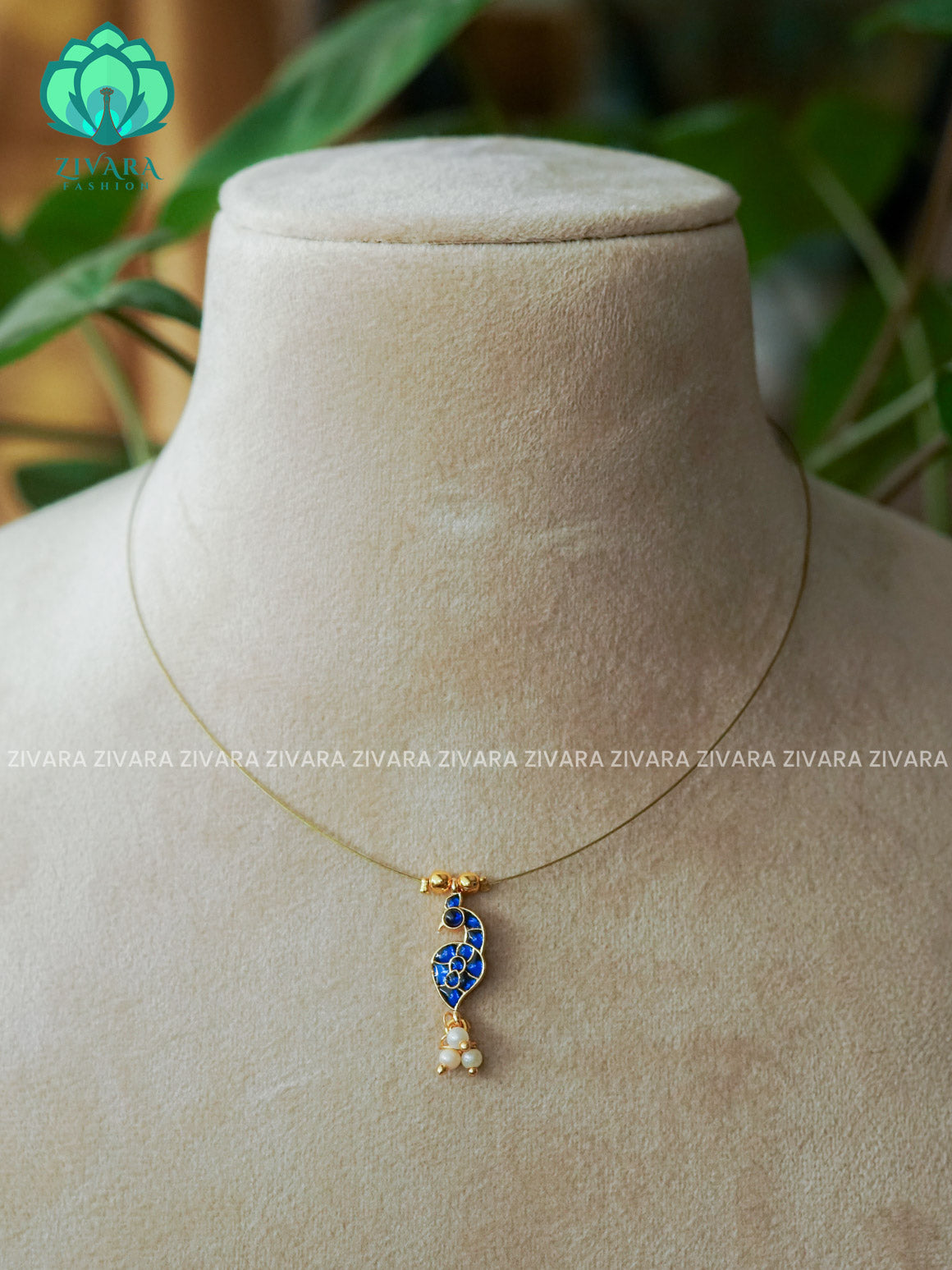 BLUE - TAMARA - PEACOCK INVISIBLE MINIMAL ELEGANT HANDMADE NECKLACE WITH BRILLIANT FINISH MOTIFS- ZIVARA FASHION