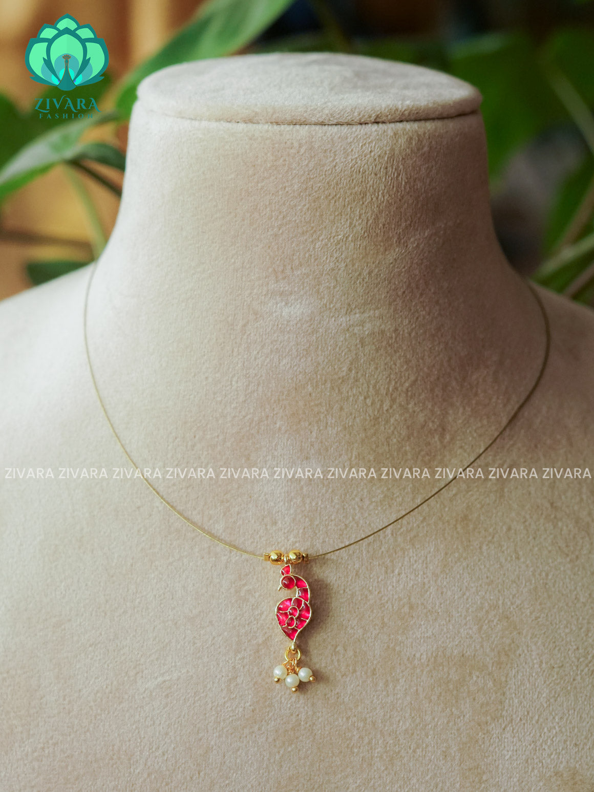 PINK - TAMARA - PEACOCK INVISIBLE MINIMAL ELEGANT HANDMADE NECKLACE WITH BRILLIANT FINISH MOTIFS- ZIVARA FASHION