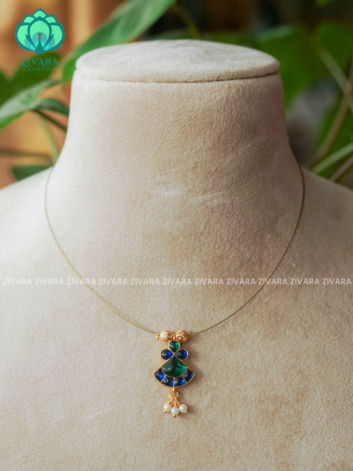 BLUE AND GREEN - TAMARA - FROCK INVISIBLE MINIMAL ELEGANT HANDMADE NECKLACE WITH BRILLIANT FINISH MOTIFS- ZIVARA FASHION