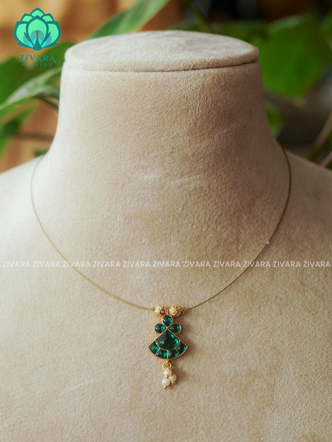 GREEN  - TAMARA - FROCK INVISIBLE MINIMAL ELEGANT HANDMADE NECKLACE WITH BRILLIANT FINISH MOTIFS- ZIVARA FASHION