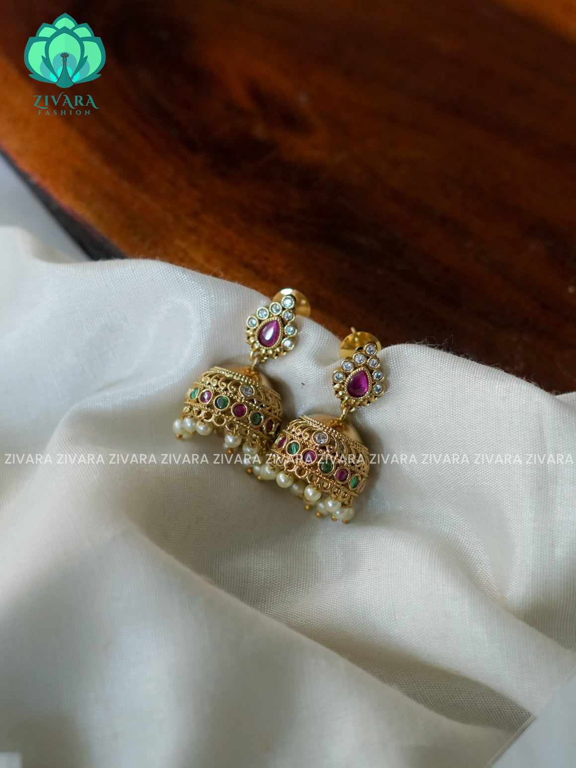 Ruby and green stone  Medium sized - TRADITIONAL PREMIUM MATTE  polish JHUMKA- latest jewellery collection- zivara fashion