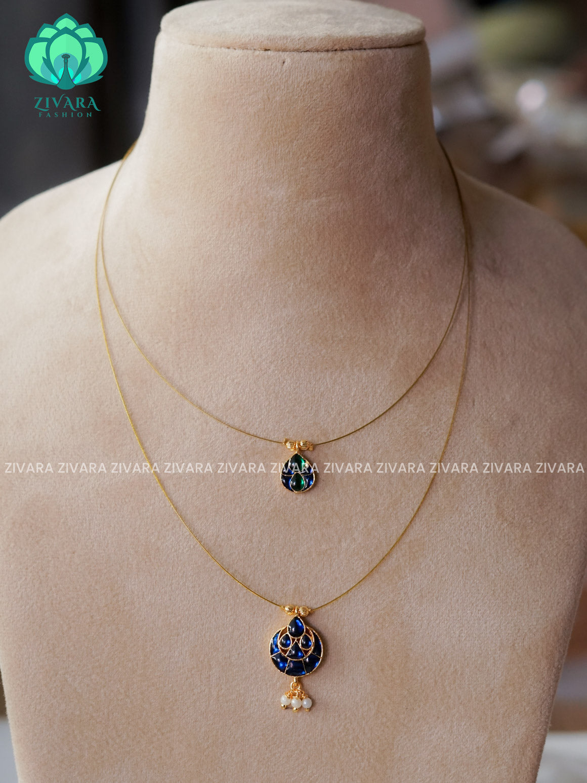 BLUE green - TAMARA- STEP TEAR  INVISIBLE MINIMAL ELEGANT HANDMADE NECKLACE WITH BRILLIANT FINISH MOTIFS- ZIVARA FASHION