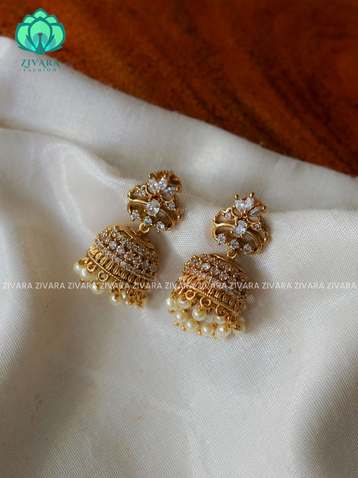 White stone  Medium sized - TRADITIONAL PREMIUM MATTE  polish JHUMKA- latest jewellery collection- zivara fashion