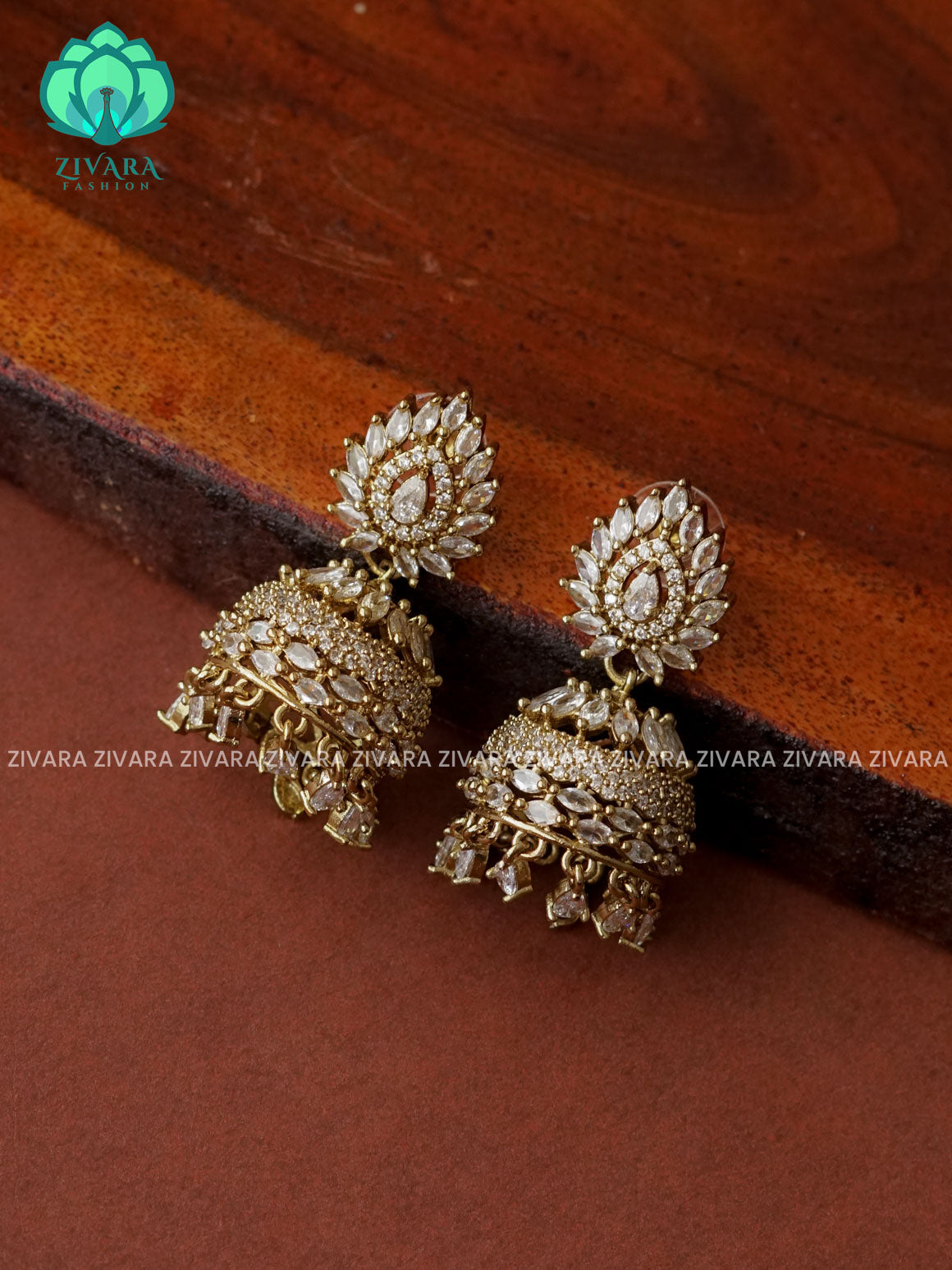 WHITE - Victoria dark finish  stone medium size jhumka (2 INCHES) - TRADITIONAL PREMIUM  JHUMKA- latest jewellery collection- zivara fashion