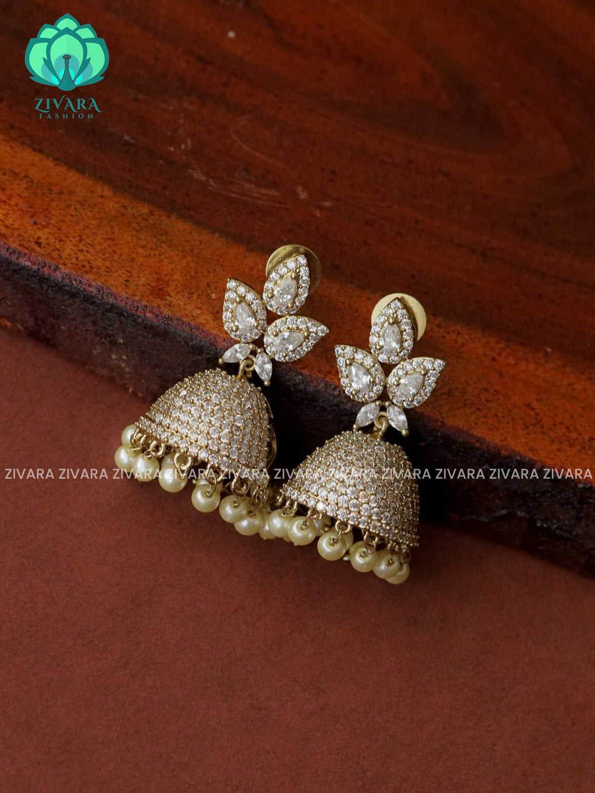 WHITE- Peacock Victoria dark finish  stone medium size jhumka (2 INCHES) - TRADITIONAL PREMIUM  JHUMKA- latest jewellery collection- zivara fashion