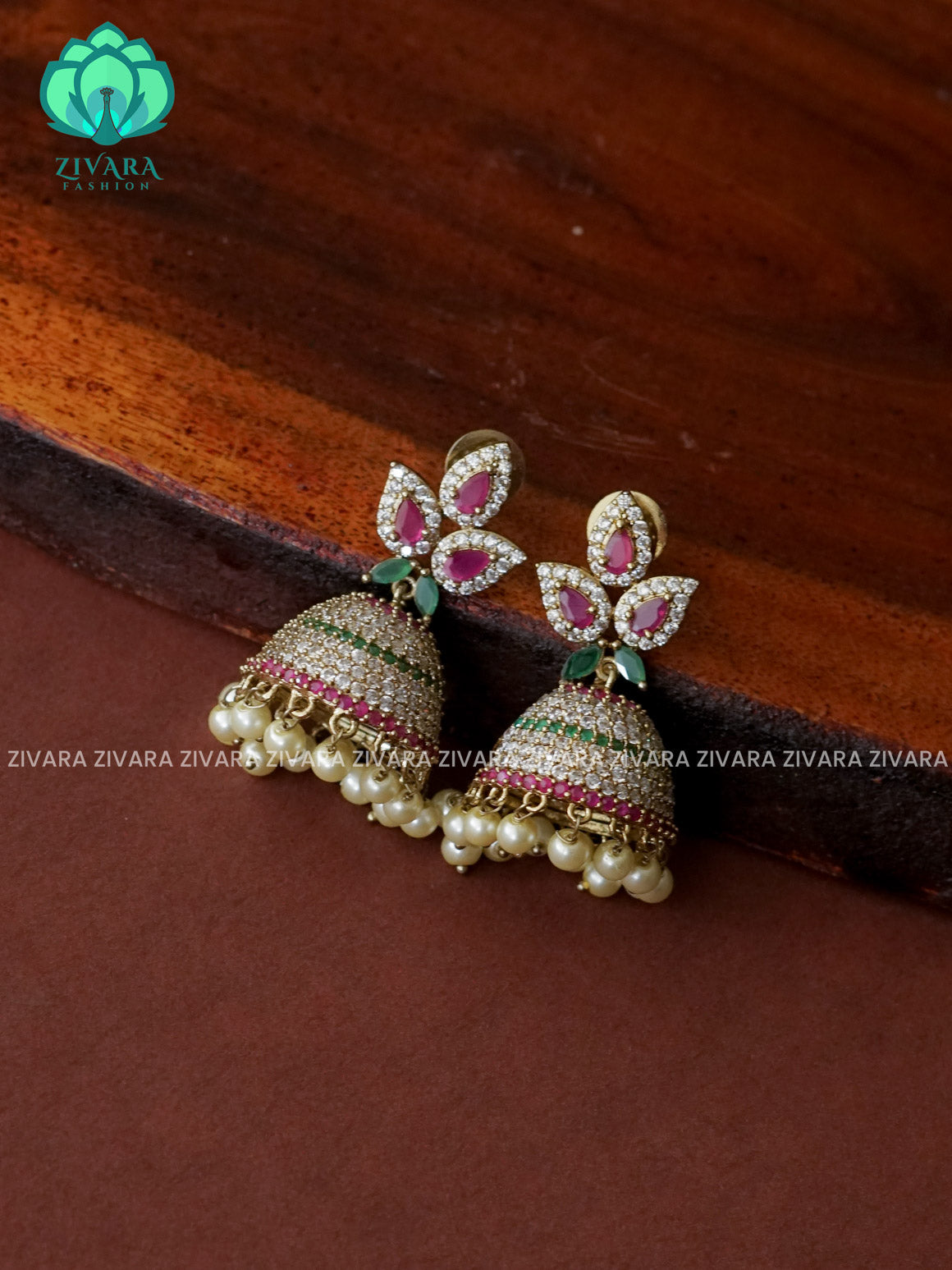 Ruby GREEN - Peacock Victoria dark finish  stone medium size jhumka (2 INCHES) - TRADITIONAL PREMIUM  JHUMKA- latest jewellery collection- zivara fashion