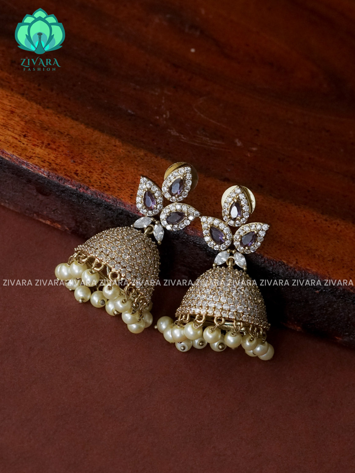 PURPLE - Peacock Victoria dark finish  stone medium size jhumka (2 INCHES) - TRADITIONAL PREMIUM  JHUMKA- latest jewellery collection- zivara fashion