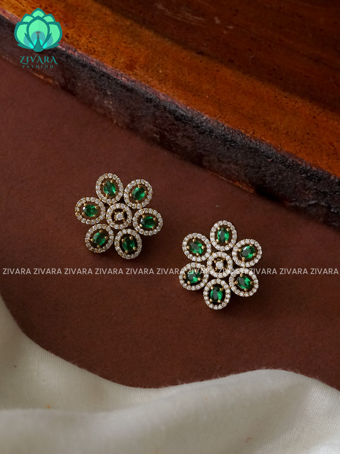 GREEN SMALL FLOWER - TRADITIONAL PREMIUM VICTORIA STUDS- latest jewellery collection- zivara fashion