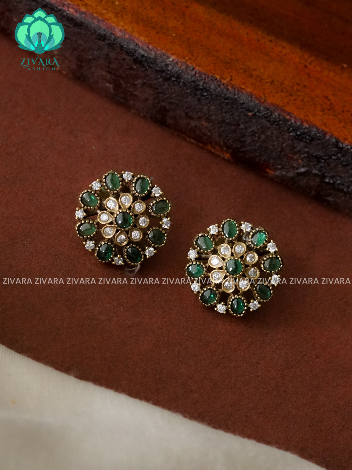 GREEN SMALL FLOWER - TRADITIONAL PREMIUM VICTORIA STUDS- latest jewellery collection- zivara fashion