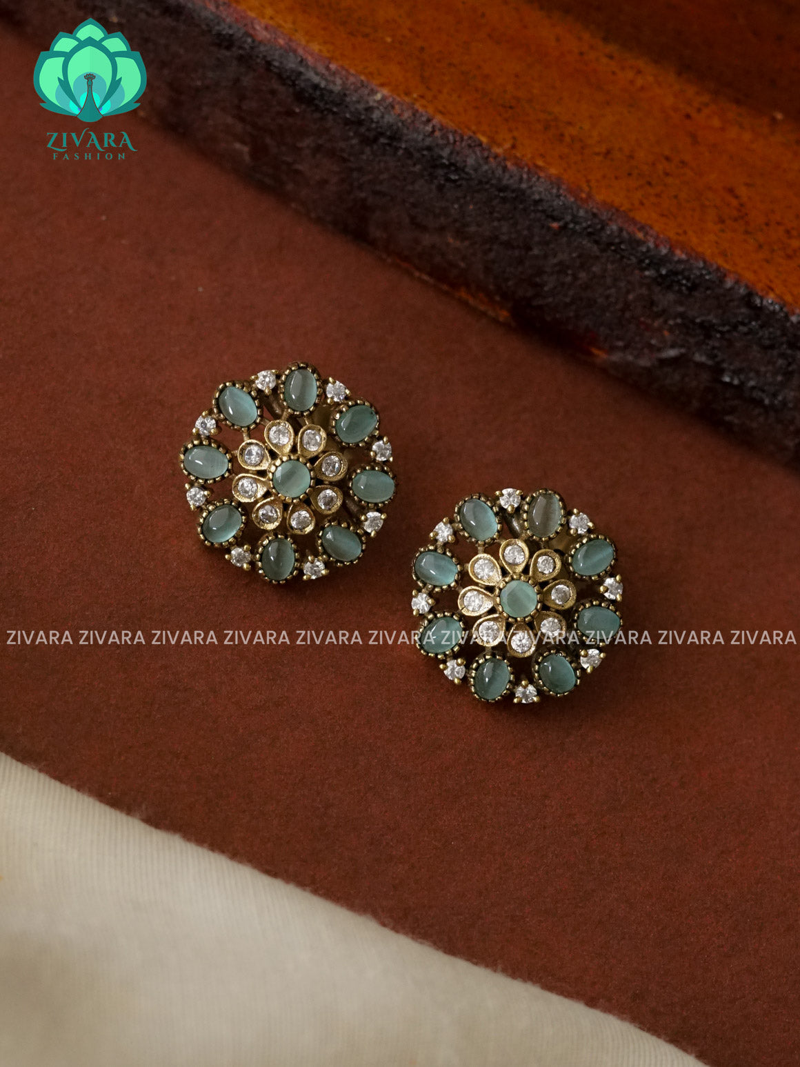 PASTEL GREEN SMALL FLOWER - TRADITIONAL PREMIUM VICTORIA STUDS- latest jewellery collection- zivara fashion