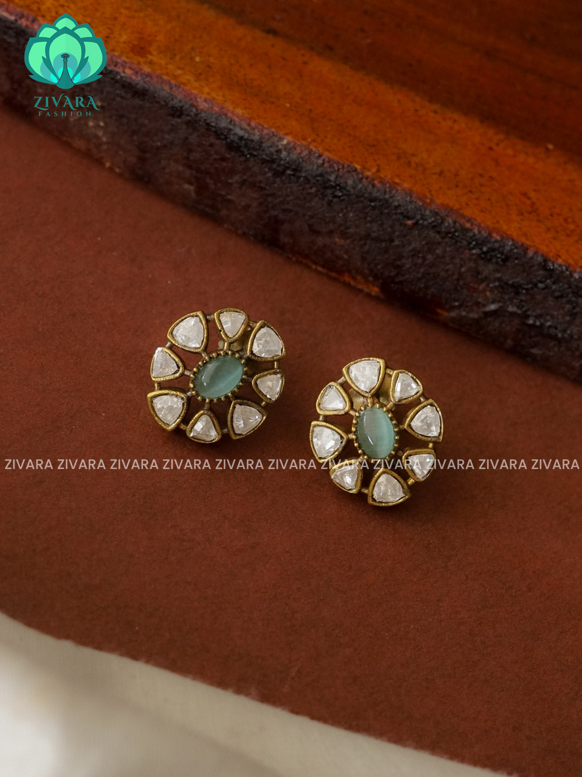 PASTEL GREEN  FLOWER - TRADITIONAL PREMIUM VICTORIA STUDS- latest jewellery collection- zivara fashion